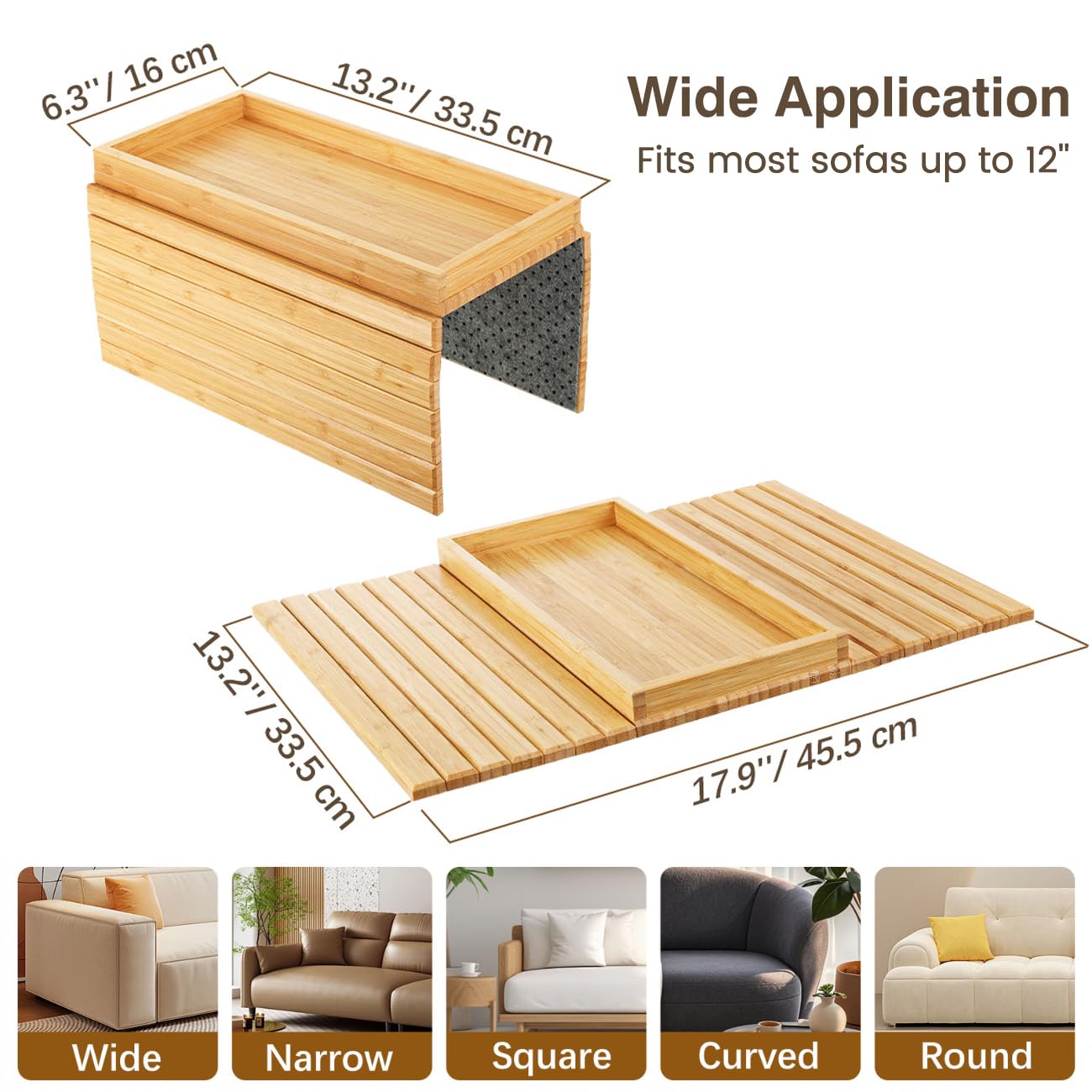 Kssiaz Couch Arm Tray, Bamboo Sofa Tray Table for Couch, Sofa Armrest Tray Table, Anti-Slip Armrest Organizer, Foldable Couch Cup Holder for Snacks, Phone, Control, Cups, Natural
