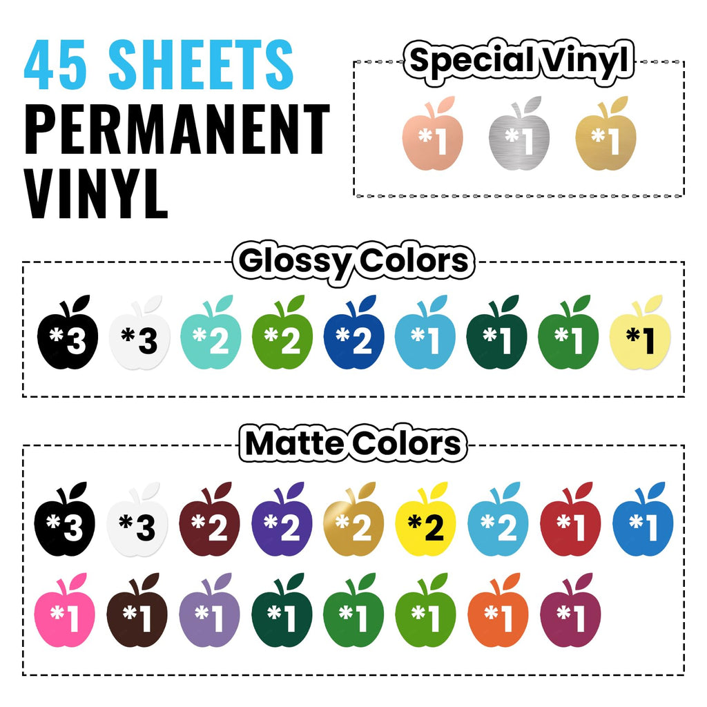 Lya Vinyl 45 Pack Permanent Vinyl Bundle - Self Adhesive Vinyl Sheets, Permanent Outdoor Vinyl Sheets for Home Decal, Mug, Ceramics,DIY Craft（Glossy&Matte）