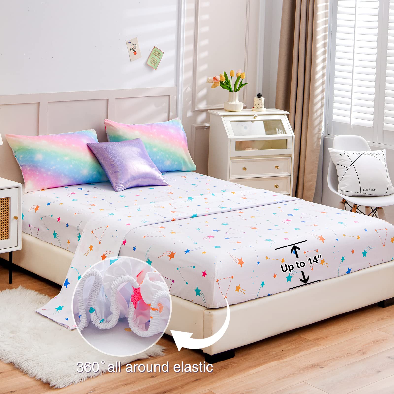 A Nice Night 6Pcs Gradient Glitter Bedding Set for Girls Twin Size, Colorful Rainbow Galaxy Comforter Set, Ultra Soft Bedding Sets, Pink