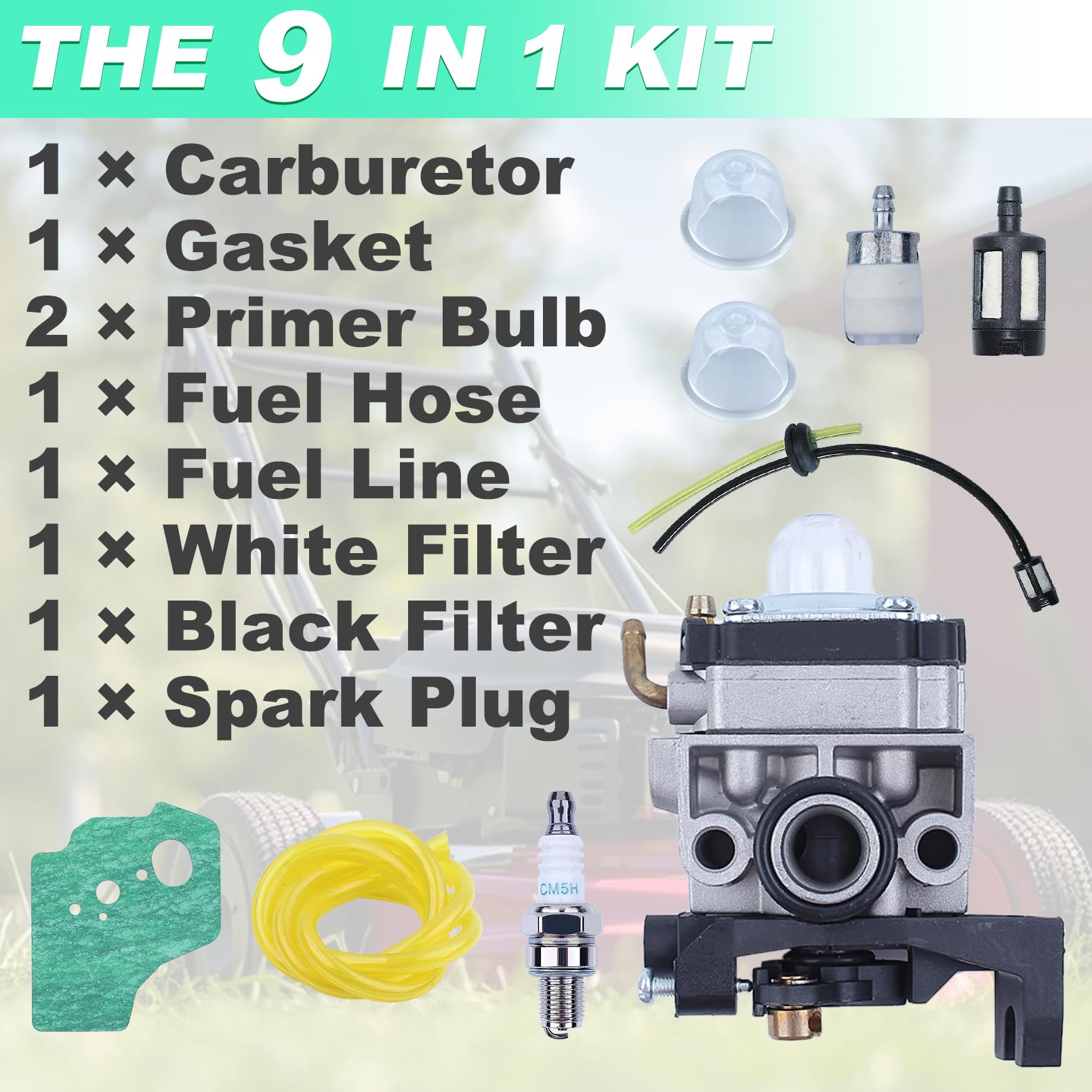 Carburettor Carb Kit for Honda GX35 GX25 FG110 HHT25 HHT35, ADEFOL Carburetor + Gasket + Fuel Filter + Air Filter + Spark Plug + Primer Bulb Engine Replacement Parts Kit 9 in 1