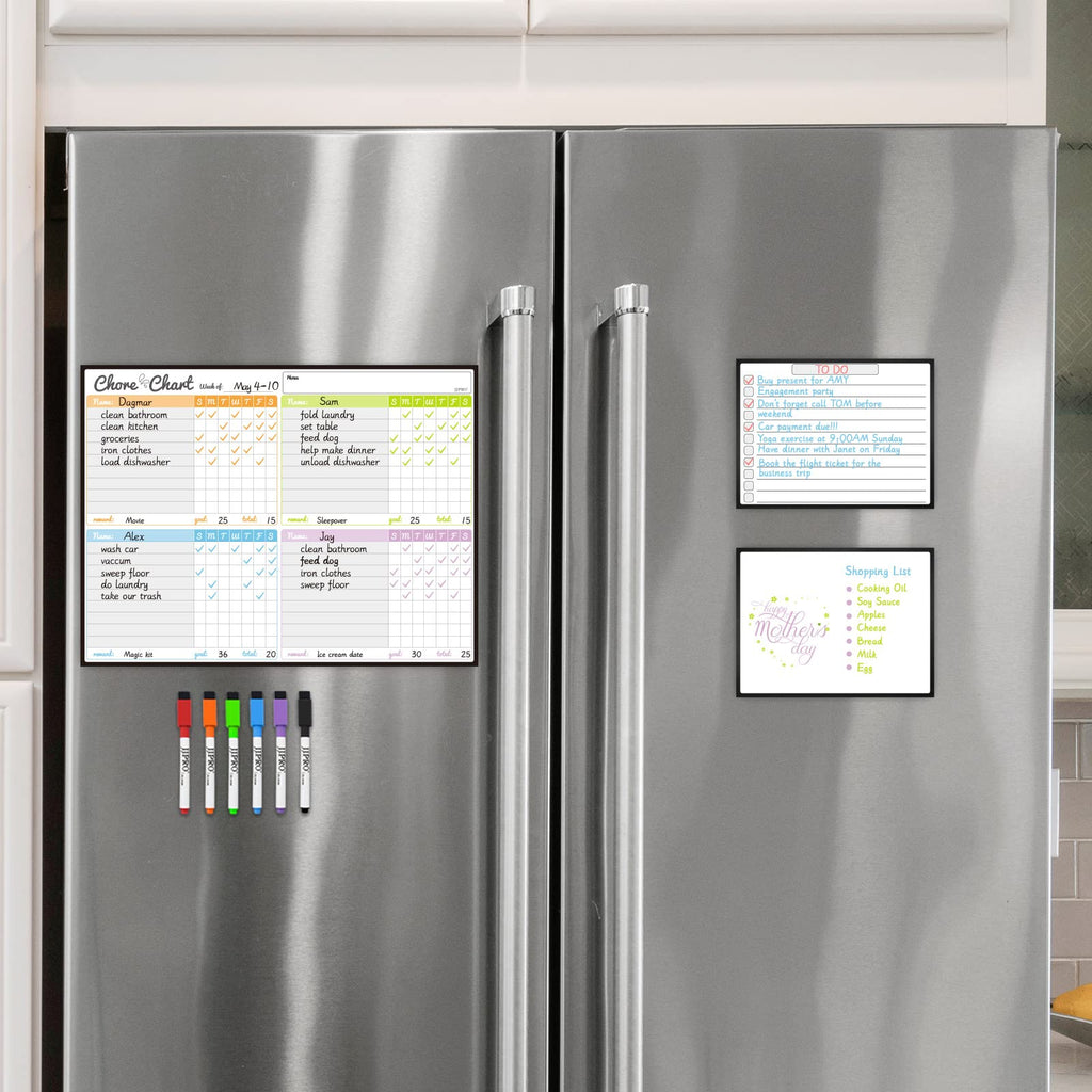 Magnetic Dry Erase Chore Chart Set for Fridge - Used for Multiple Kids - One Chore Chart and Two Bonus Dry Erase Pad/Grocery Boards - 6 Dry Erase Extra Fine Tips Markers Included!