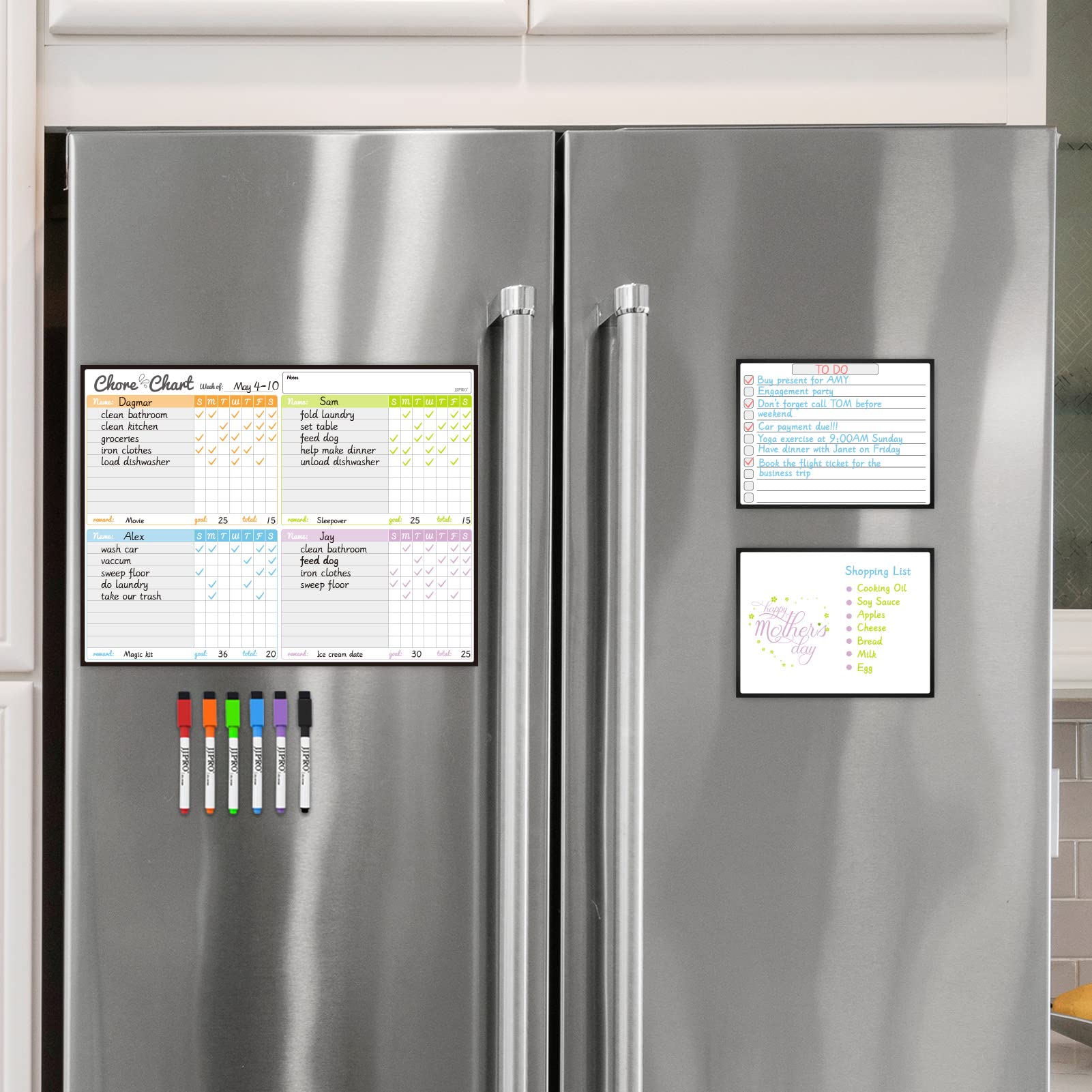 Magnetic Dry Erase Chore Chart Set for Fridge - Used for Multiple Kids - One Chore Chart and Two Bonus Dry Erase Pad/Grocery Boards - 6 Dry Erase Extra Fine Tips Markers Included!