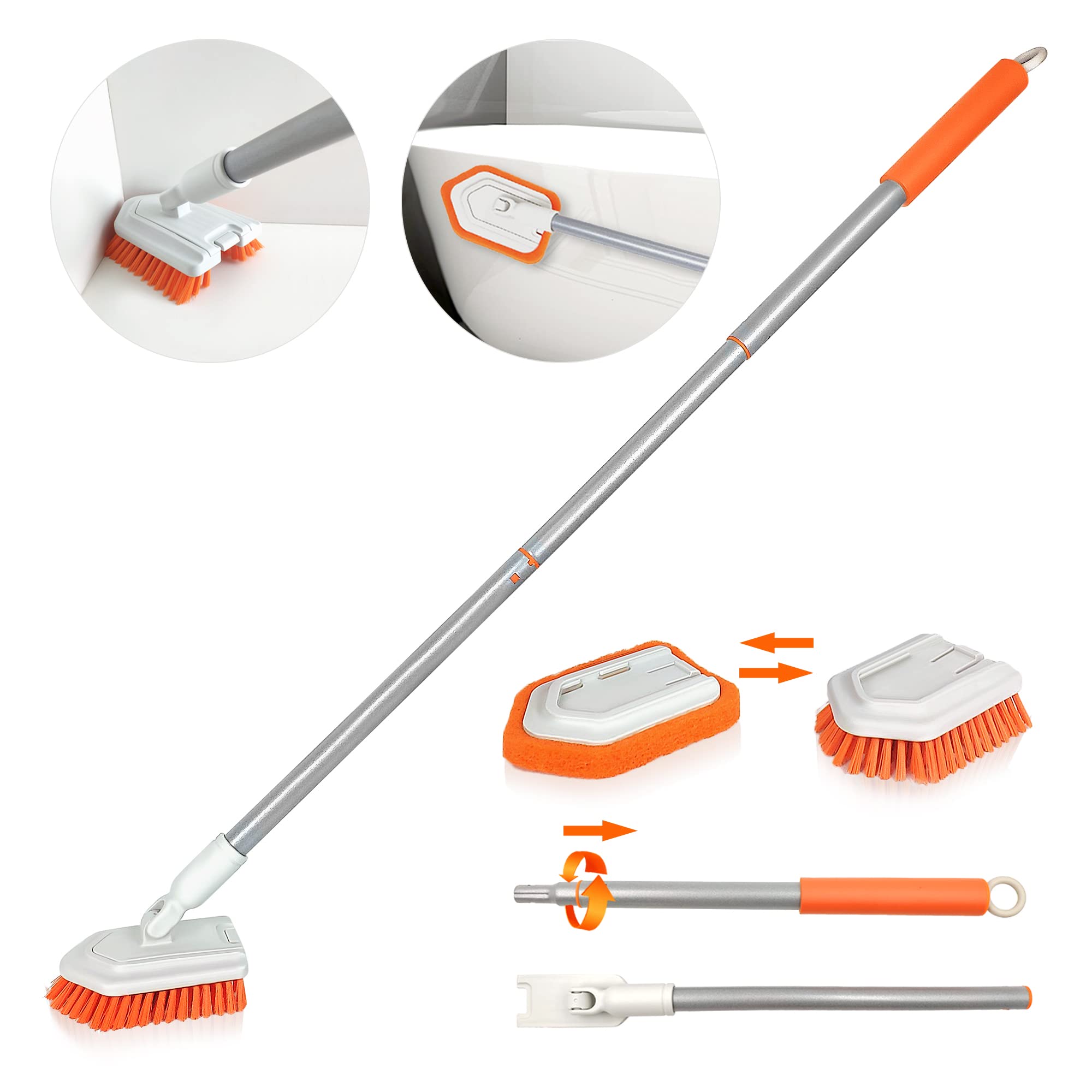 JEHONN Shower Scrubber 2-in-1 Tub and Tile Cleaning Brush with Long Handle, Detachable Stiff Bristle Scrub Brush and Sponge Head for Bathroom, Bathtub, Floor