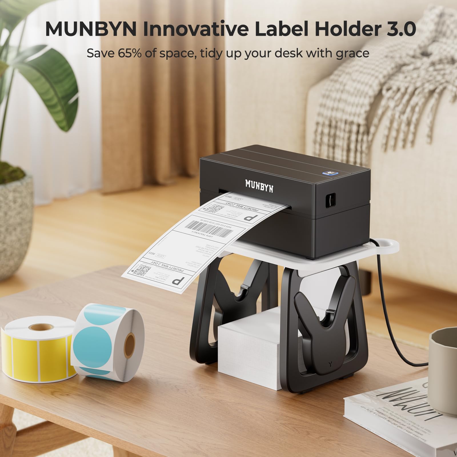 MUNBYN Label Holder for Rolls and Fanfold Labels, Thermal Label Holder for Desktop Label Printer, Accessory Supplies for Home, Office, Small Business (White)