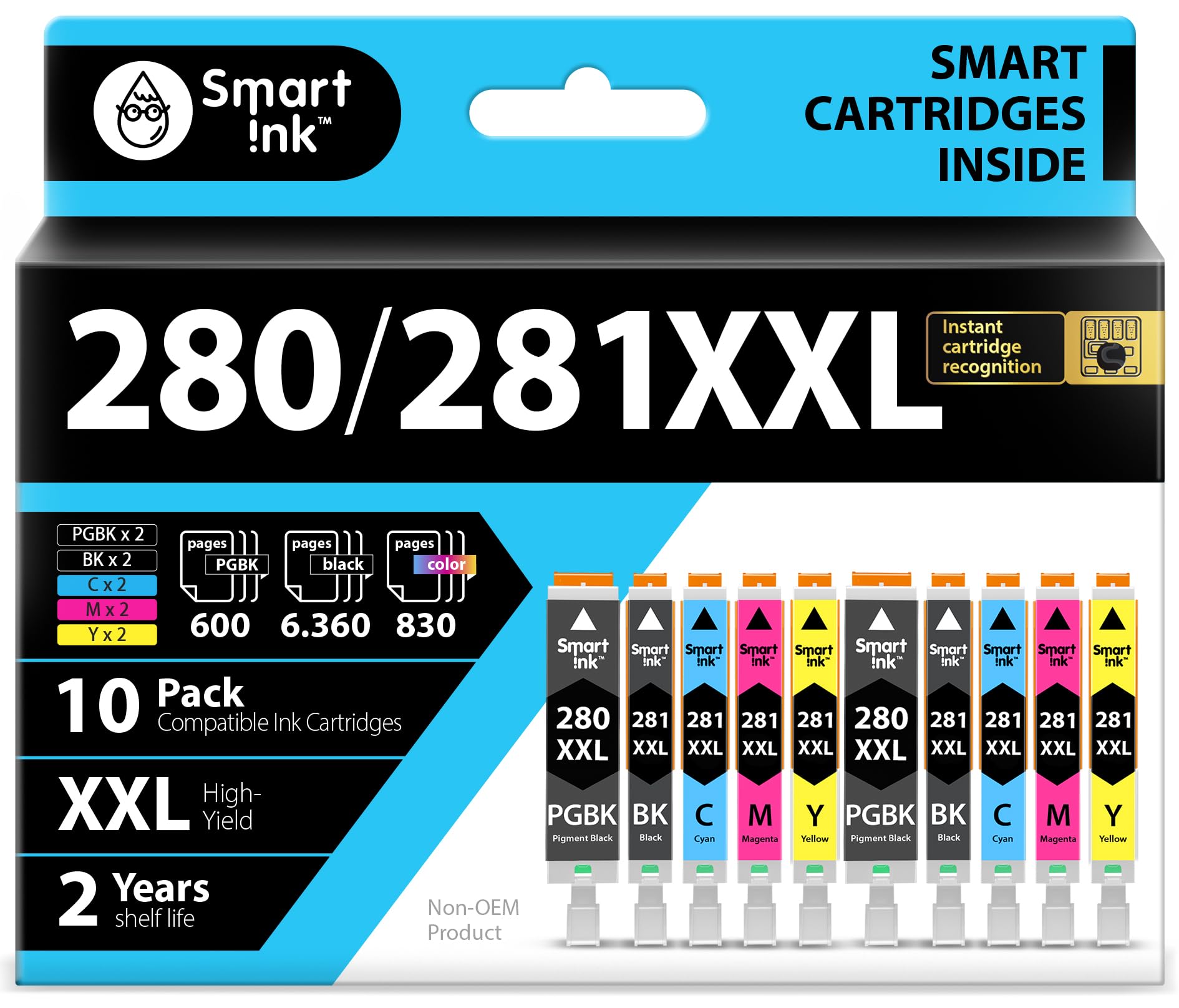 Smart Ink Compatible Ink Cartridge Replacement for Canon 280 281 PGI-280XXL CLI-281XXL (10 Combo Pack) to use with Pixma TR8520 TS9120 TS6120 TR8620 TR8620a TS6320 TR7520 TS6220 (PGBK & BK/C/M/Y)