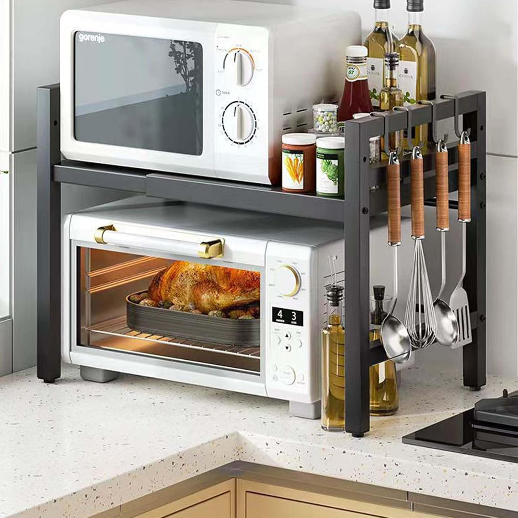 LUCKY KVW Microwave Oven Rack, Adjustable Shelf with 6 Hooks, Extendable Kitchen Microwave Stand with Storage