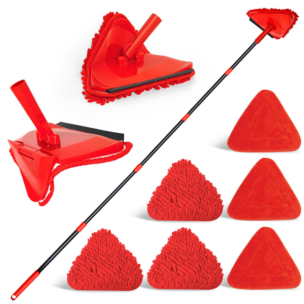 NEWE Wall Mop Cleaner, 80 inches Long Handle, 180° Folding Ceiling Cleaning Tool with Squeegee for Washing Painted Walls, Triangle Baseboard Scrubber with 3 Chenille Duster and 3 Microfiber Pads (Red)