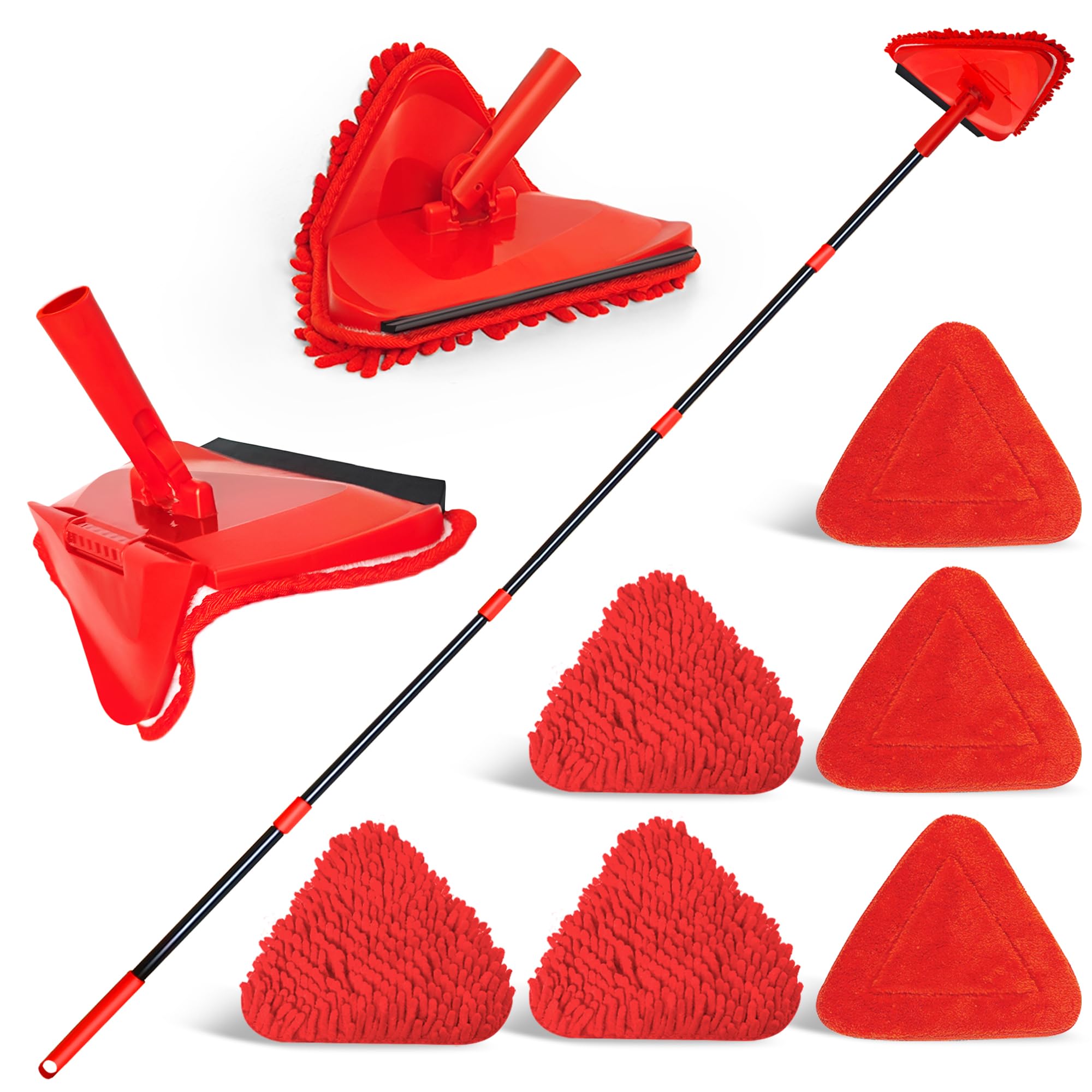 NEWE Wall Mop Cleaner, 80 inches Long Handle, 180° Folding Ceiling Cleaning Tool with Squeegee for Washing Painted Walls, Triangle Baseboard Scrubber with 3 Chenille Duster and 3 Microfiber Pads (Red)