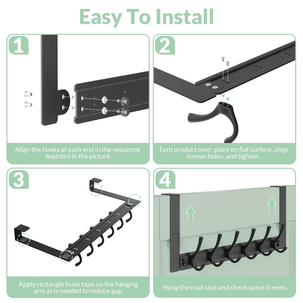 Over The Door Hooks,WLCSNG Door Hanger Hook with 6 Hooks for Hanging-Space-Saving Over The Door Towel Rack,Sturdy Towel Hanger for Bathroom,Guaranteed Quality & Compressed Packaging. (1, Black)