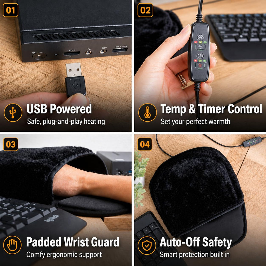 Heated Computer Mouse Pad Hand Warmer: USB Hand Warmers for Computer | Removable Heating Element | 3 Temperatures/Time Limits | Roomy, Hand-Warming Mouse Pad for Men and Women