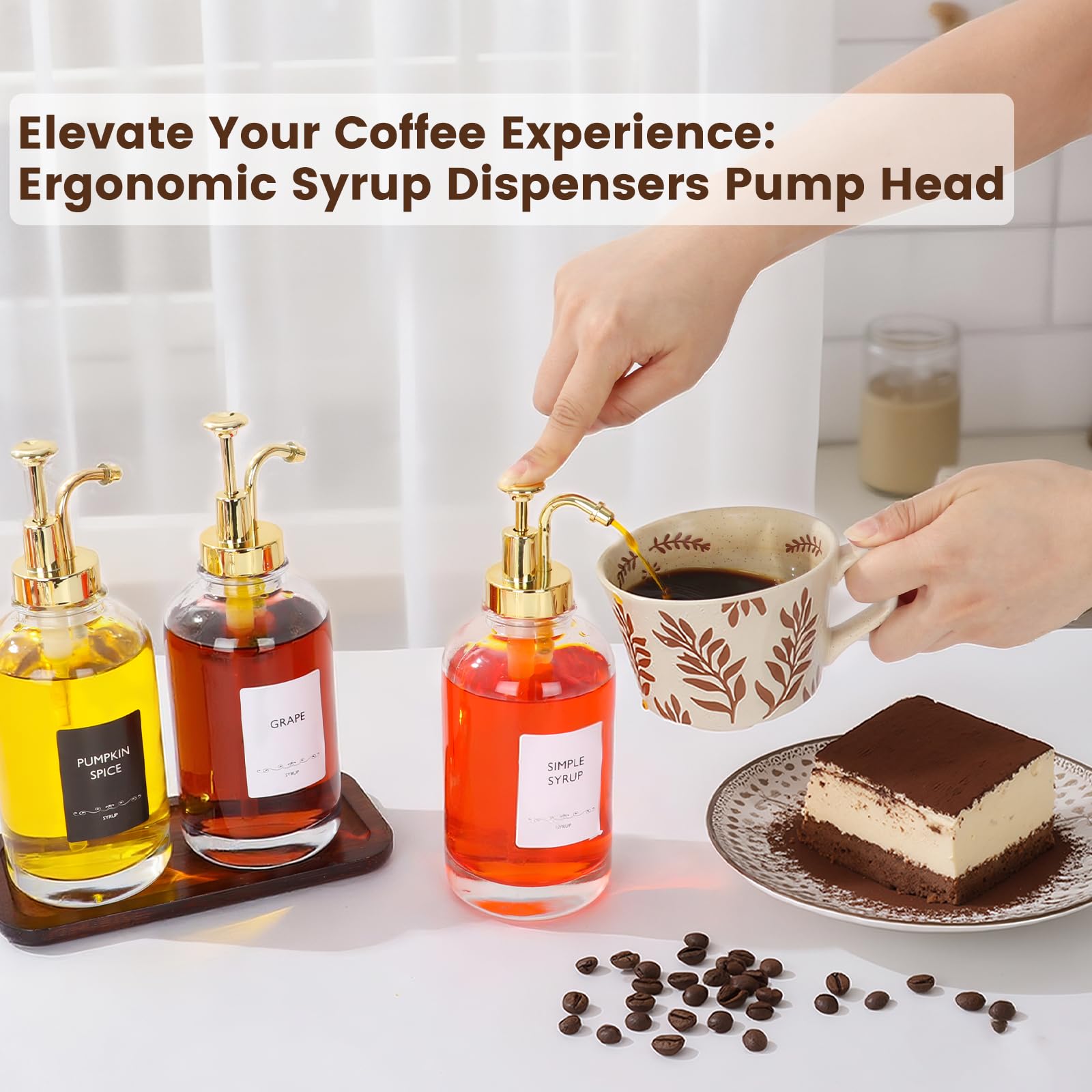 16.9oz Coffee Syrup Dispenser 4Pack- Glass Syrup Dispenser Kit for Coffee Bar Accessories for Home Coffee Bar/Premium Labeled Barista Kit, Gold