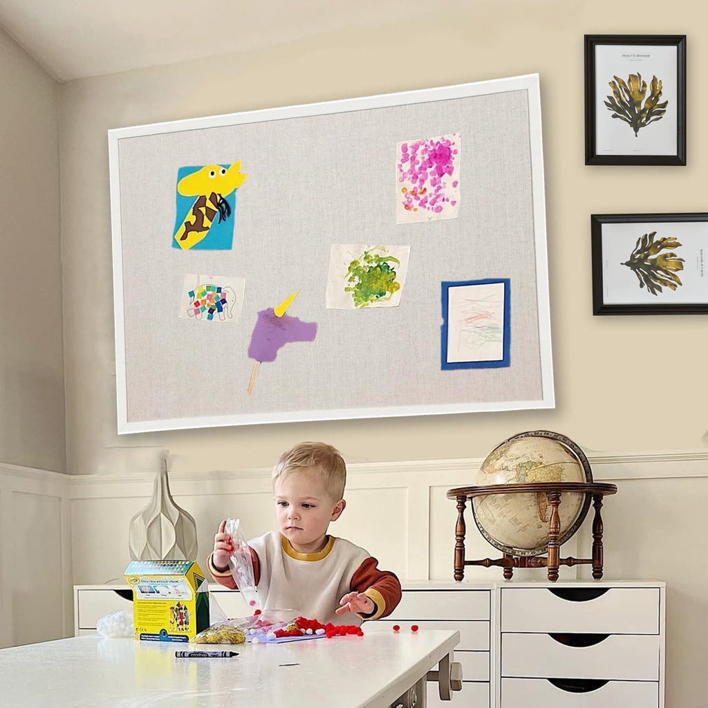 AMKIOKIO 24x36 Inch Linen Cork Board - Stylish Home Decor, Versatile Pinning Surface, Includes Hanging Kit, White-Framed
