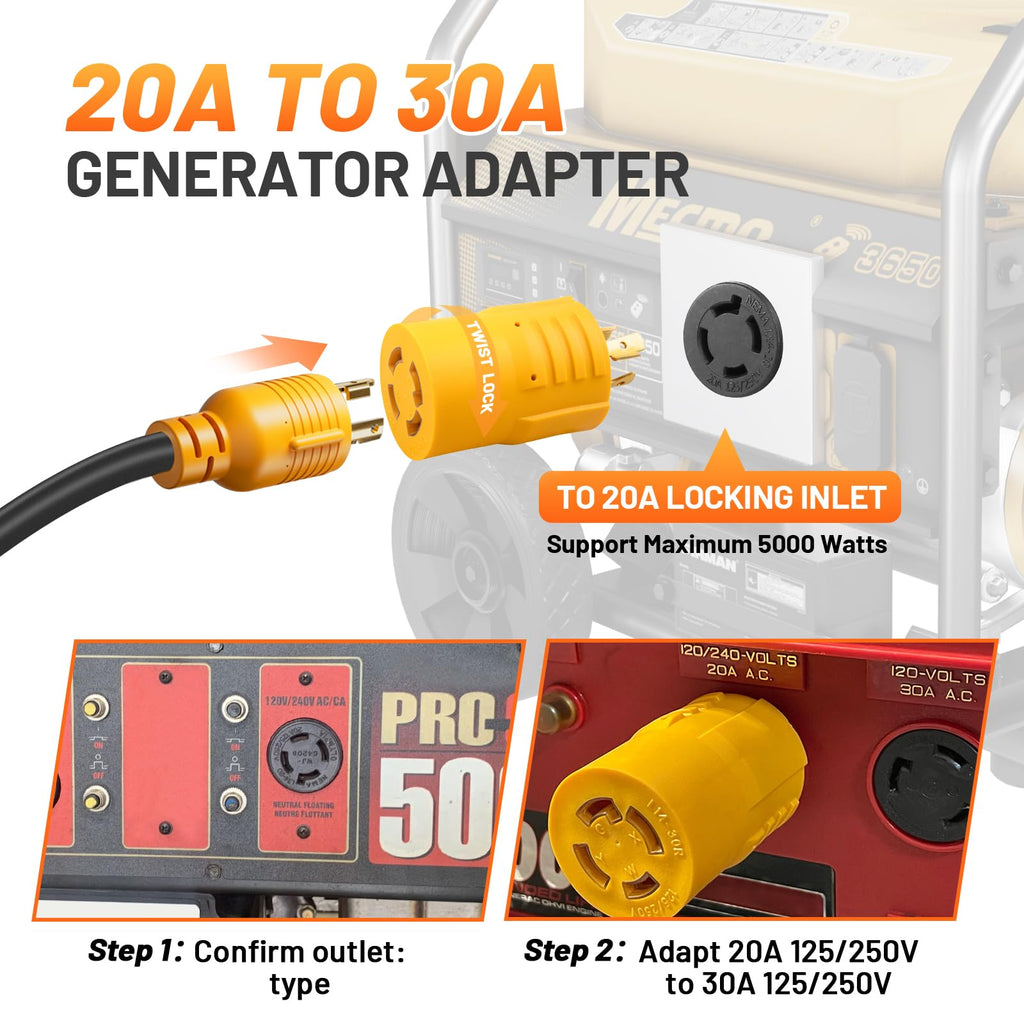 MECMO 20Amp to 30Amp Generator Adapter NEMA L14-20P to L14-30R, 4 Prong Locking 20A L14-20 Plug to 30A L14-30 Twist Lock Receptacle for House Transfer Switch, Power Back Up