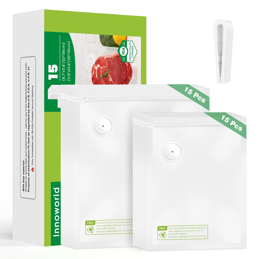Innoworld Reusable Vacuum Sealer Bags for Food, 30 Small (8.7 x 11.8 in, 11.8 x 13.8 in) Food Storage Bags, Freezer, Microwave, Odor-Resistant, Leak-Proof, Fit with Compact Vacuum Sealers