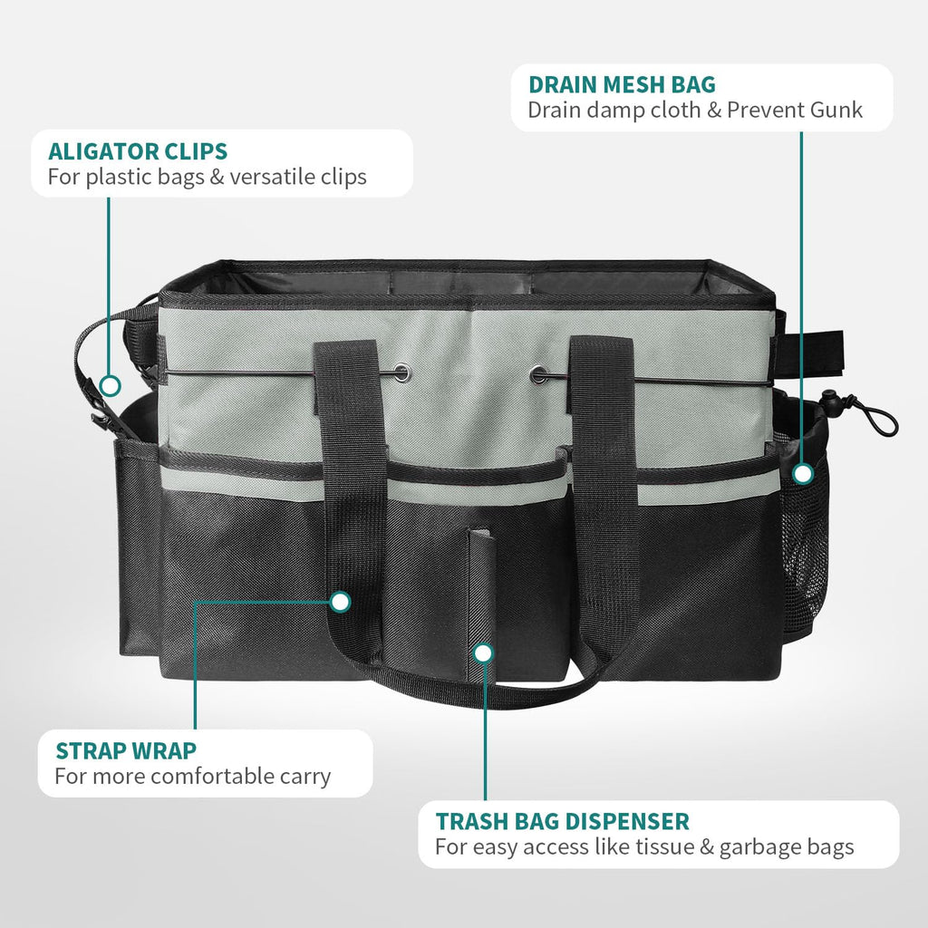 BOHEMIABY Cleaning Bags for Housekeepers, Large Cleaning Supplies Organizer with Handles & Shoulder Strap, Caddy Bag with Foldable Divider for Cleaners, Car Horse Bag (Grey)