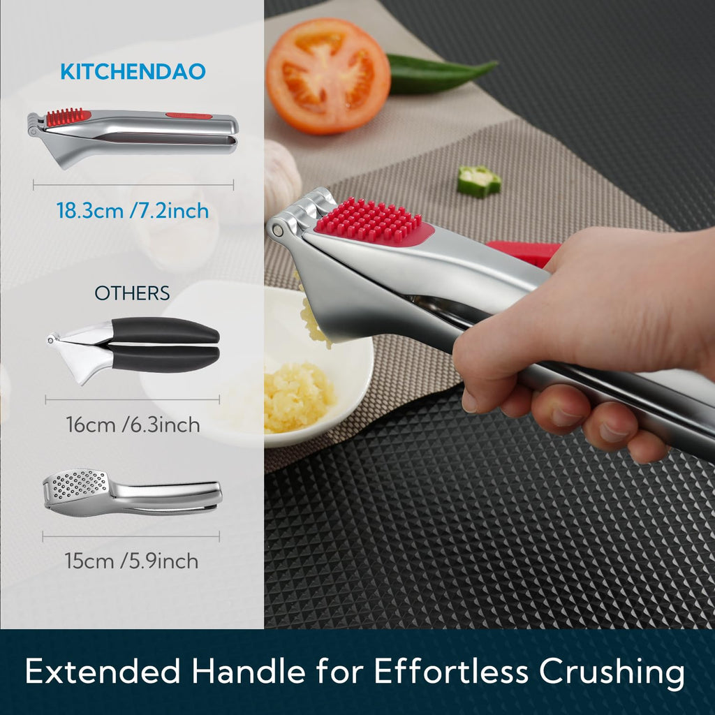 KITCHENDAO No Peeling Garlic Press with Large Chamber,Heavy-Duty Garlic Press with Built-in Scraper & Cleaning Pusher, Zinc Alloy Garlic Mincer, Dishwasher Safe
