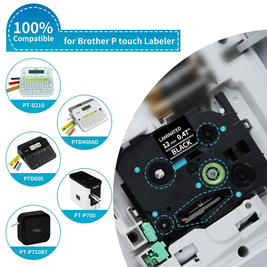 3-Pack Compatible Brother Label Maker Tape TZe-131 TZe-231 TZe-335, P Touch Label Tape TZe 12mm 0.47 Laminated for Brother PT-H100 H110 PT-D210 D200 PT-P700 (Black on Clear/White, White on Black)