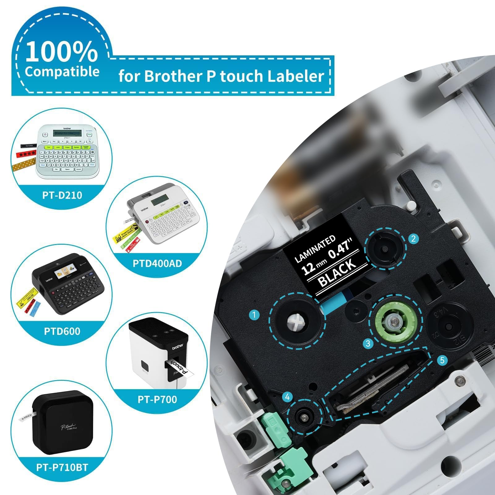 3-Pack Compatible Brother Label Maker Tape TZe-131 TZe-231 TZe-335, P Touch Label Tape TZe 12mm 0.47 Laminated for Brother PT-H100 H110 PT-D210 D200 PT-P700 (Black on Clear/White, White on Black)