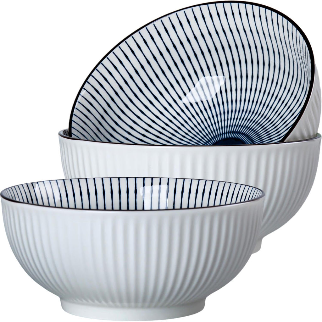 Dyware 60 oz Large Soup Bowl, Pho Bowls, 8 Inch Blue and White Porcelain Japanese Ramen Bowls Set of 3 - Striped Pattern