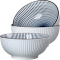 Dyware 60 oz Large Soup Bowl, Pho Bowls, 8 Inch Blue and White Porcelain Japanese Ramen Bowls Set of 3 - Striped Pattern