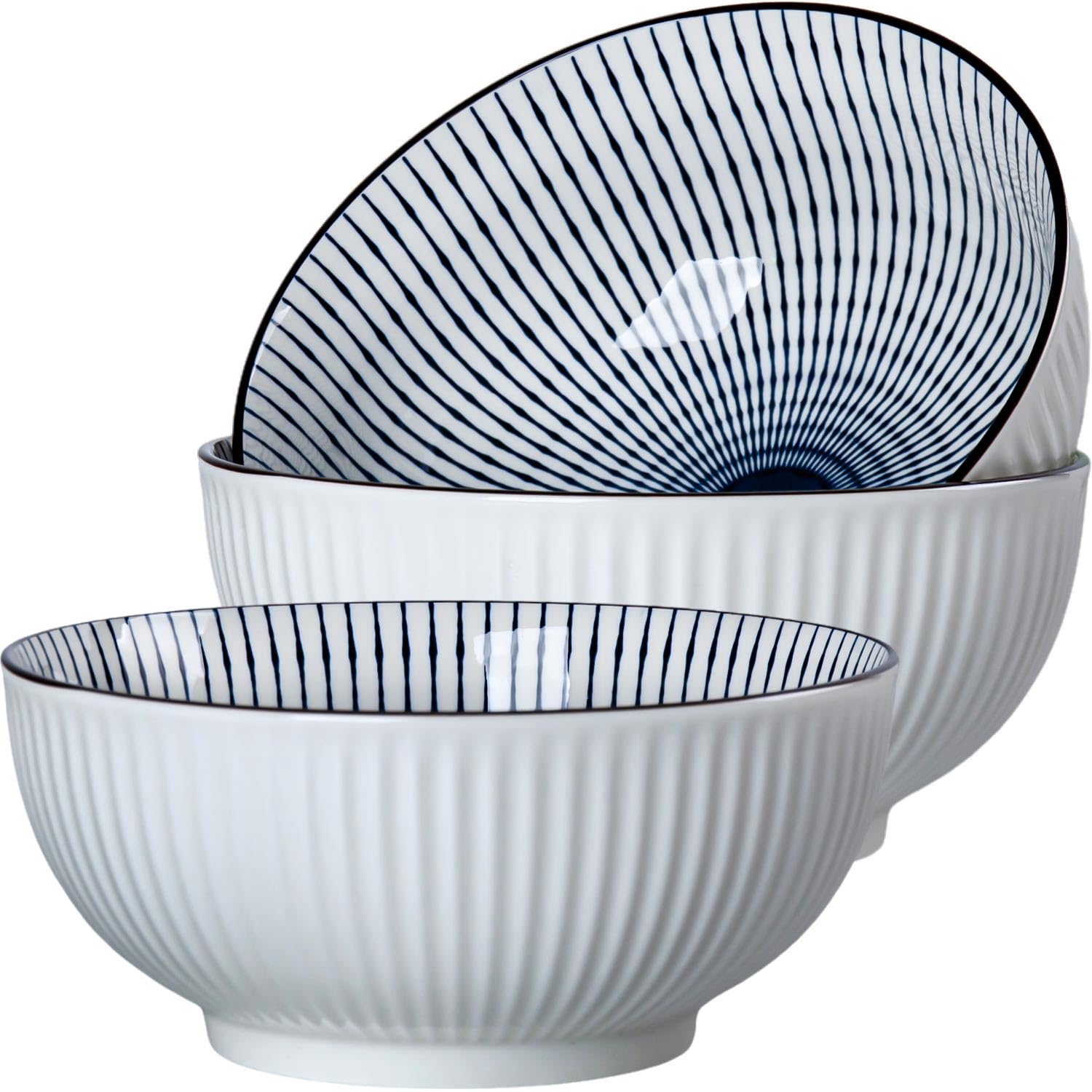 Dyware 60 oz Large Soup Bowl, Pho Bowls, 8 Inch Blue and White Porcelain Japanese Ramen Bowls Set of 3 - Striped Pattern