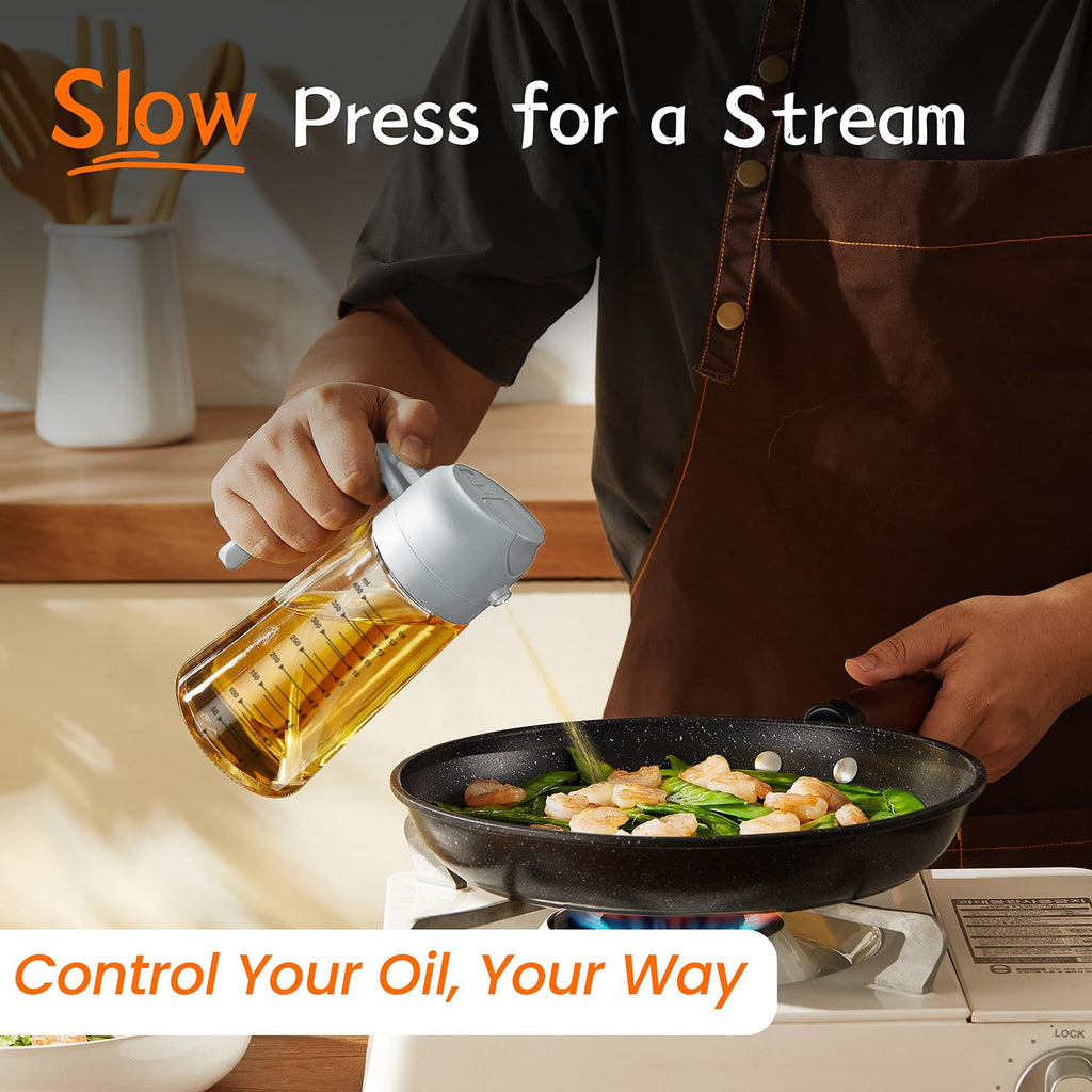 TrendPlain 470ml Olive Oil Spray Bottle for Kitchen Gadgets - 2 in 1 Olive Oil Dispenser Bottle and Air Fryer Accessories for Cooking, Salad and BBQ - Black & Ash