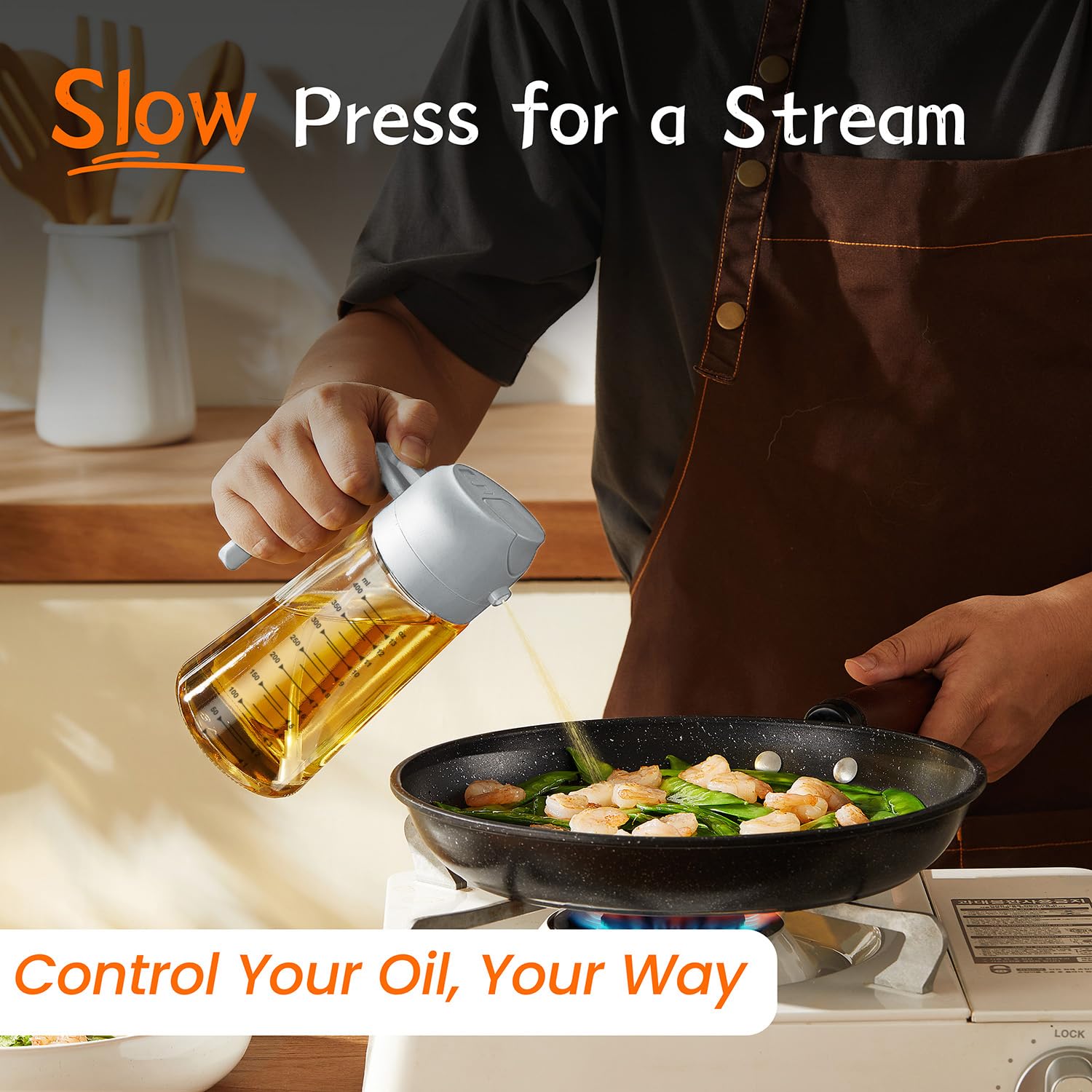 TrendPlain 470ml Olive Oil Spray Bottle for Kitchen Gadgets - 2 in 1 Olive Oil Dispenser Bottle and Air Fryer Accessories for Cooking, Salad and BBQ - Black & Ash
