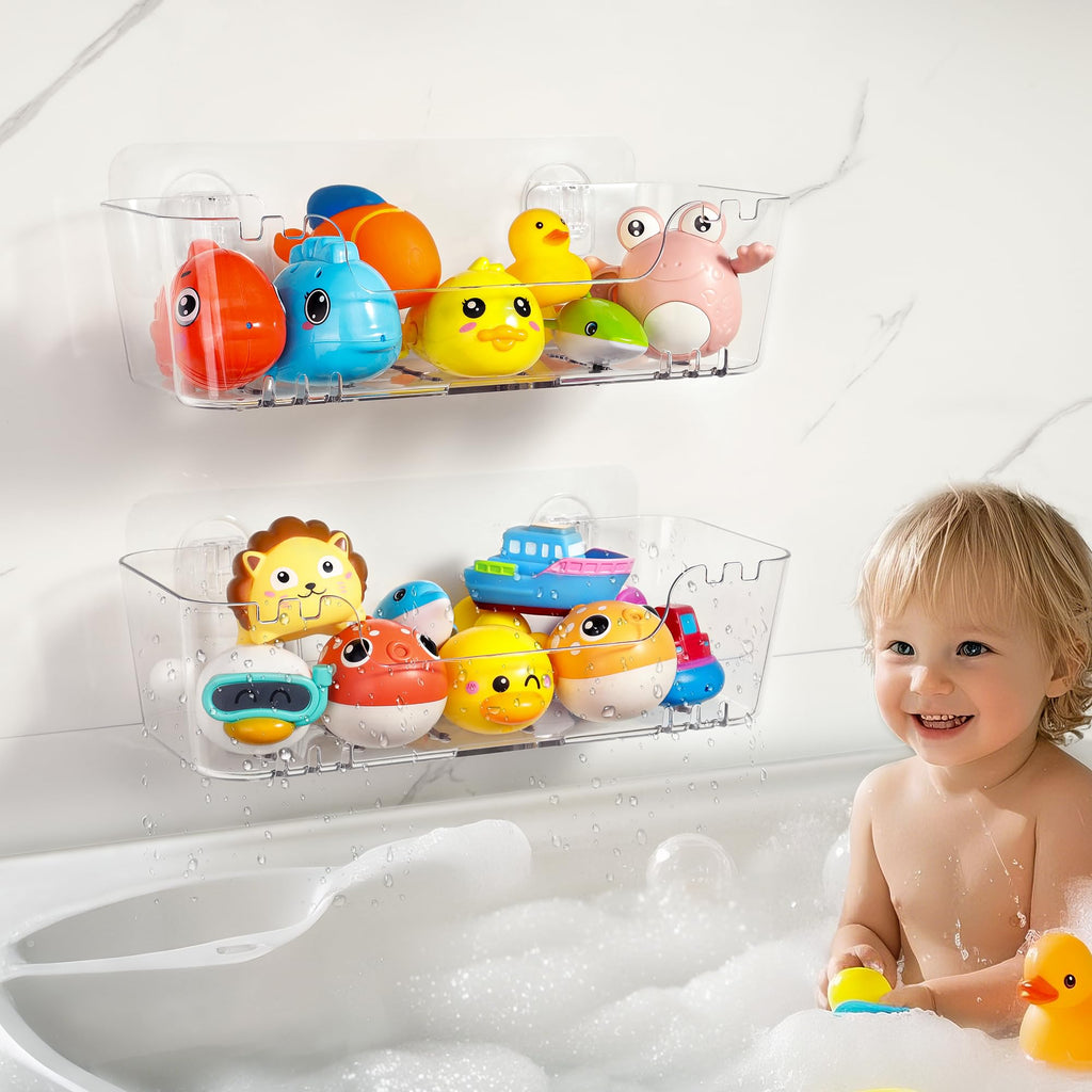 Bath Toy Storage Organizer 2 Pack, Transparent Bath Toy Holder with Drain Holes, Durable Plastic Bathtub Toy Storage for Bathroom, Quick-Dry Shower Caddy Drainable
