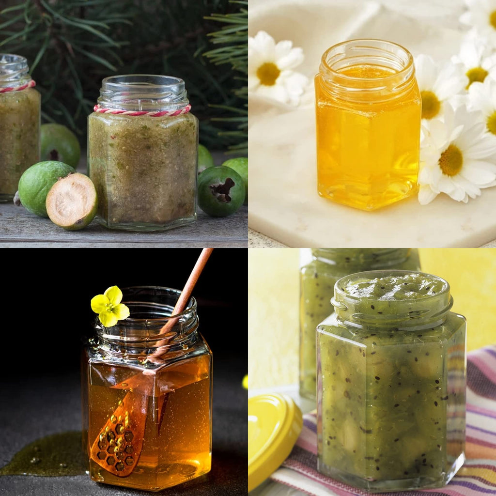 Keketin 4oz Hexagon Glass Jam Jar with Gold Lids,12pcs Canning Jars for Jams,Spice,Sauces,Candy,Food Storage,Wedding Favors or Art Crafts