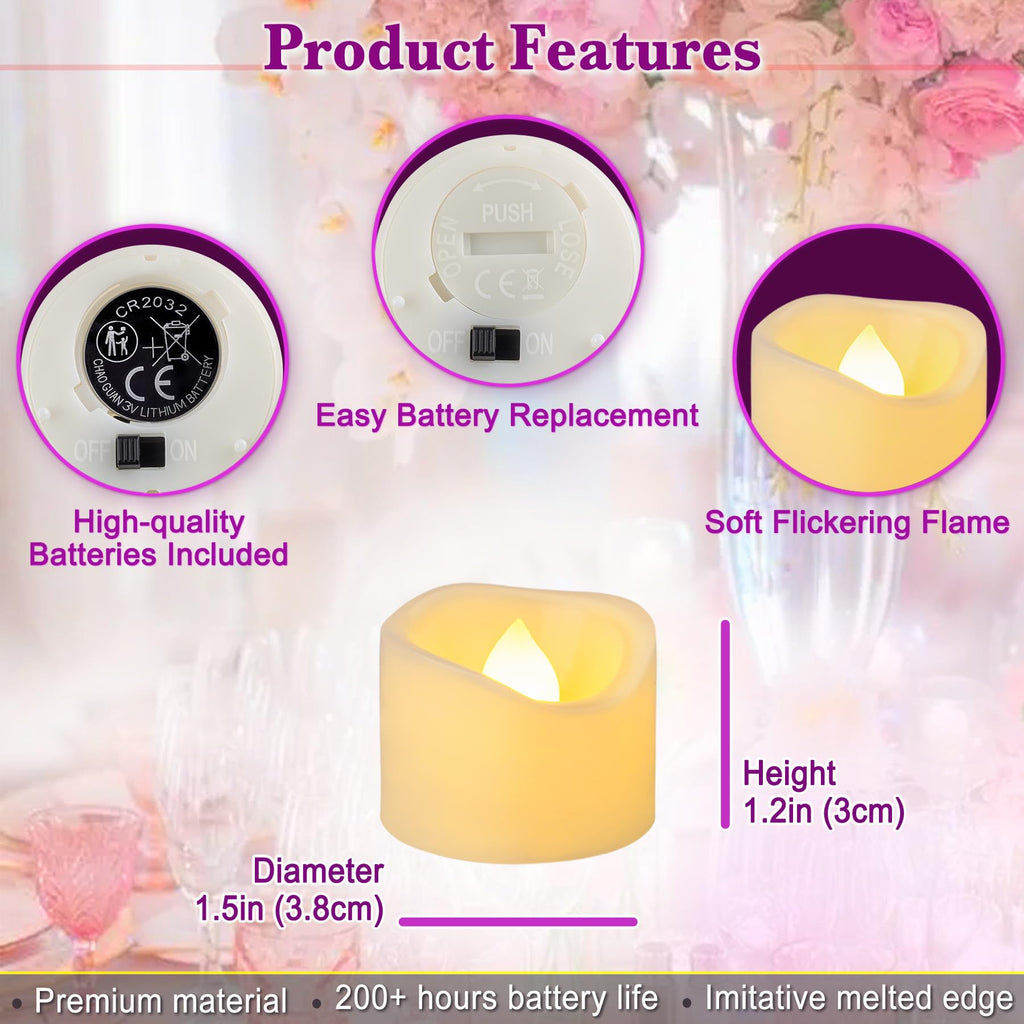 Yakpo 24 Pack 3.8cm x 3cm Battery Operated LED Tea Light Candles, Small Outdoor Flameless Flickering Votive Candles, Electric Flicker Fake Tealights Bulk for Wedding Halloween Christmas Decorations