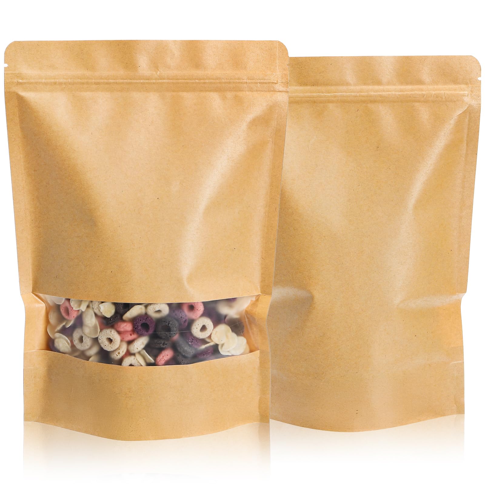 Kingrol 100 Count 7 x 10.25 Inch Kraft Paper Bags with Resealable Lock Seal Zipper &Transparent Window, Stand Up Food Bags