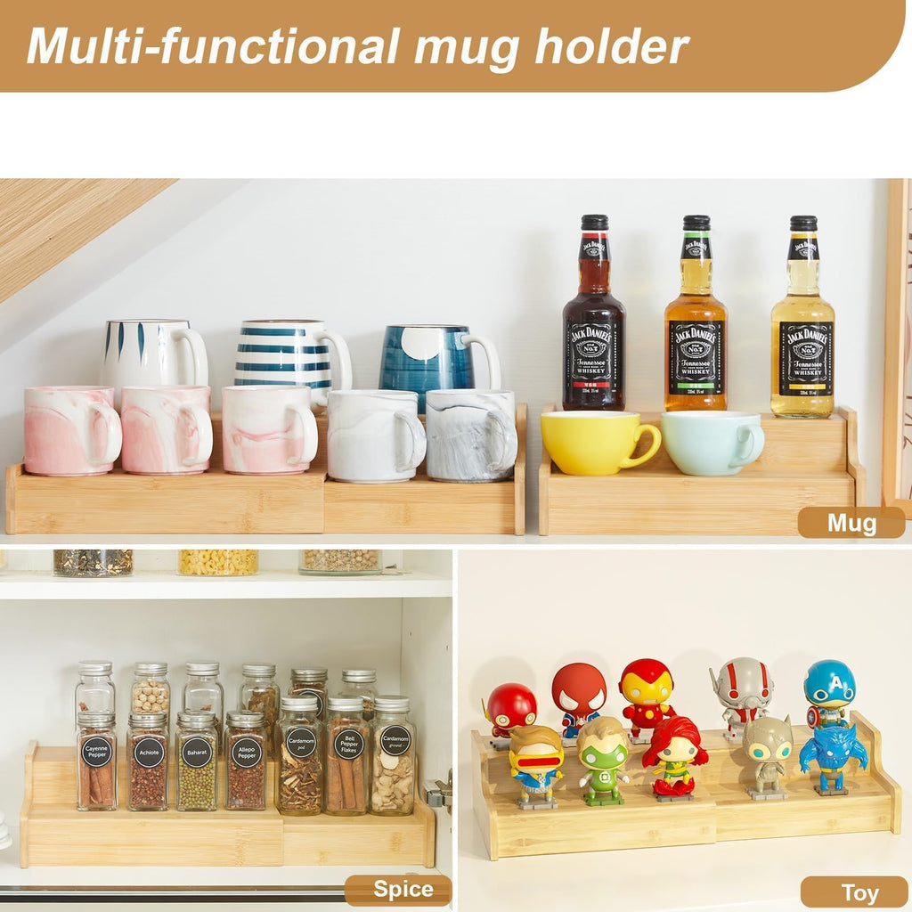 Hongtamoya 2-Tier Expandable Coffee Mug Holder, Countertop Station Bamboo Mug Cup Rack Coffee Bar Organizer, Tea Cups Stand for Cabinet, Multi-functional Mug Holder Shelf for Kitchen, Home