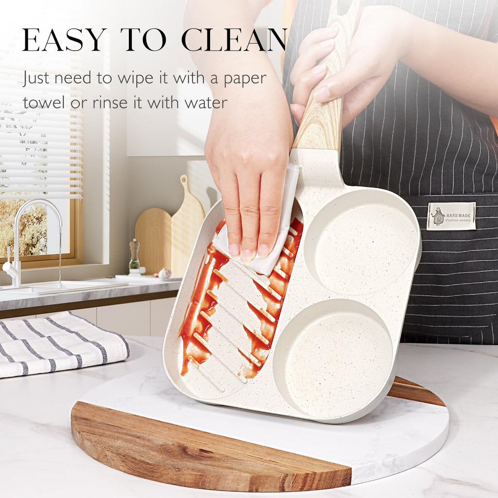 GiPP Ceramic Non Stick Egg Pan, 3-in-1 Divided Breakfast Omelette Frying Pan, 7.9" with Heat-Resistant Handle, Compatible with All Stove Tops, PFOA/POFS/PTFE Free, White
