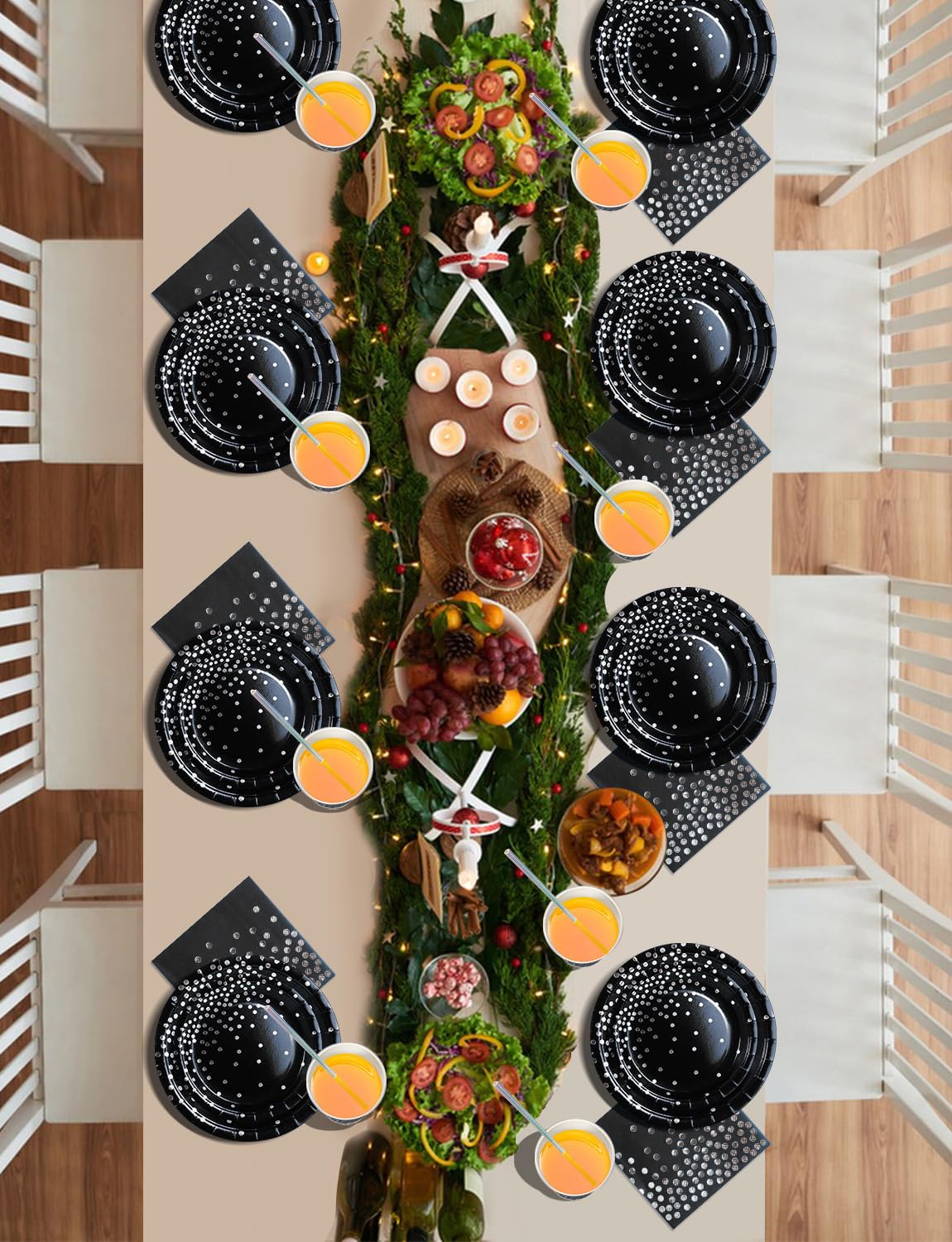 Nkaiso Paper Plates Napkins Cups Set, 126 Piece Black and Silver Paper Tableware Set Includes Birthday Paper Plates Napkins Cups Straws for Wedding Shower Engagement Wedding Birthday-25 Guests