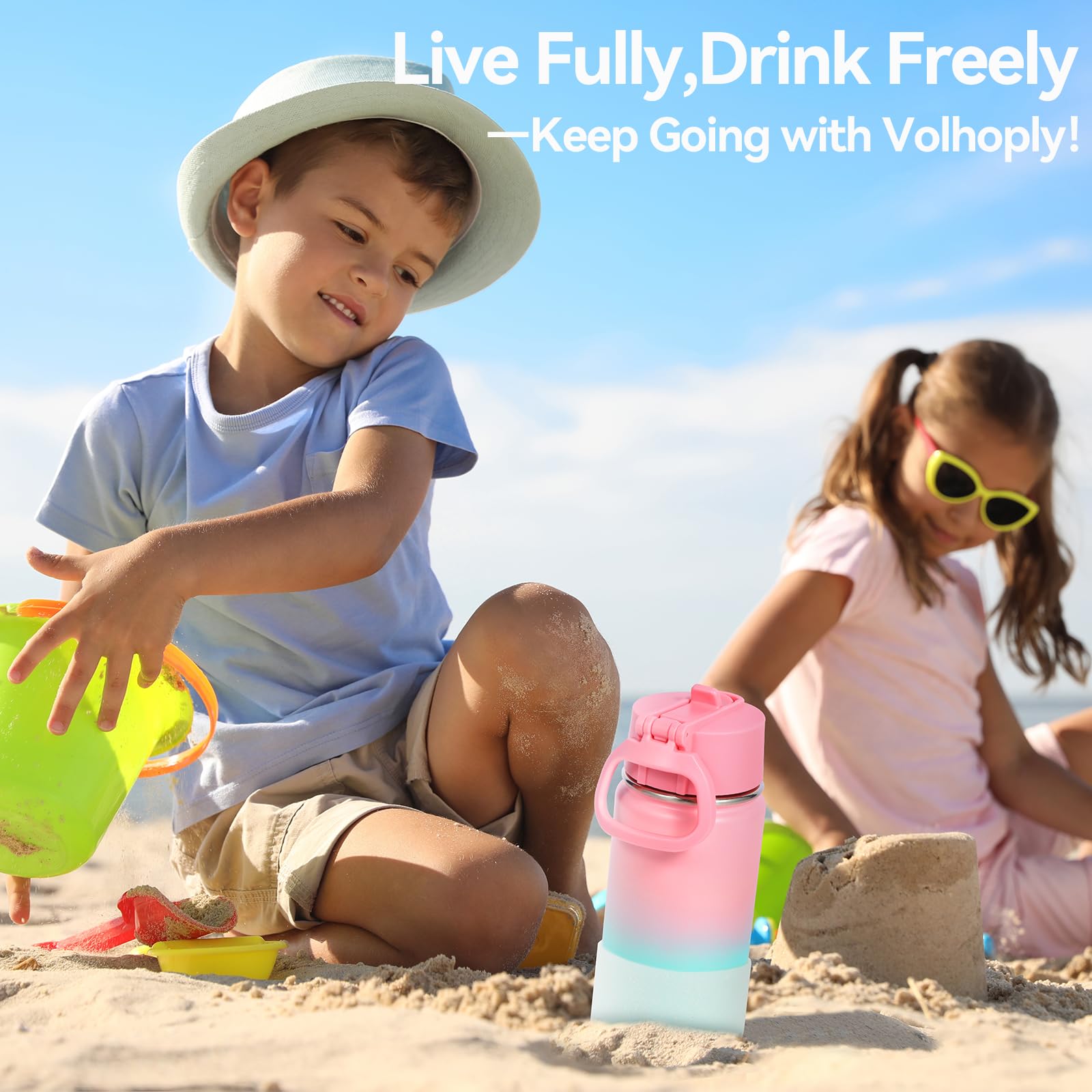 Volhoply 14oz Water Bottle with Straw Lid and Silicone Boot Bulk 2 Pack,Stainless Steel Insulated Flask for Boys & Girls Multipack,Double Wall Vacuum Leakproof Kids bottles(Assorted,2)