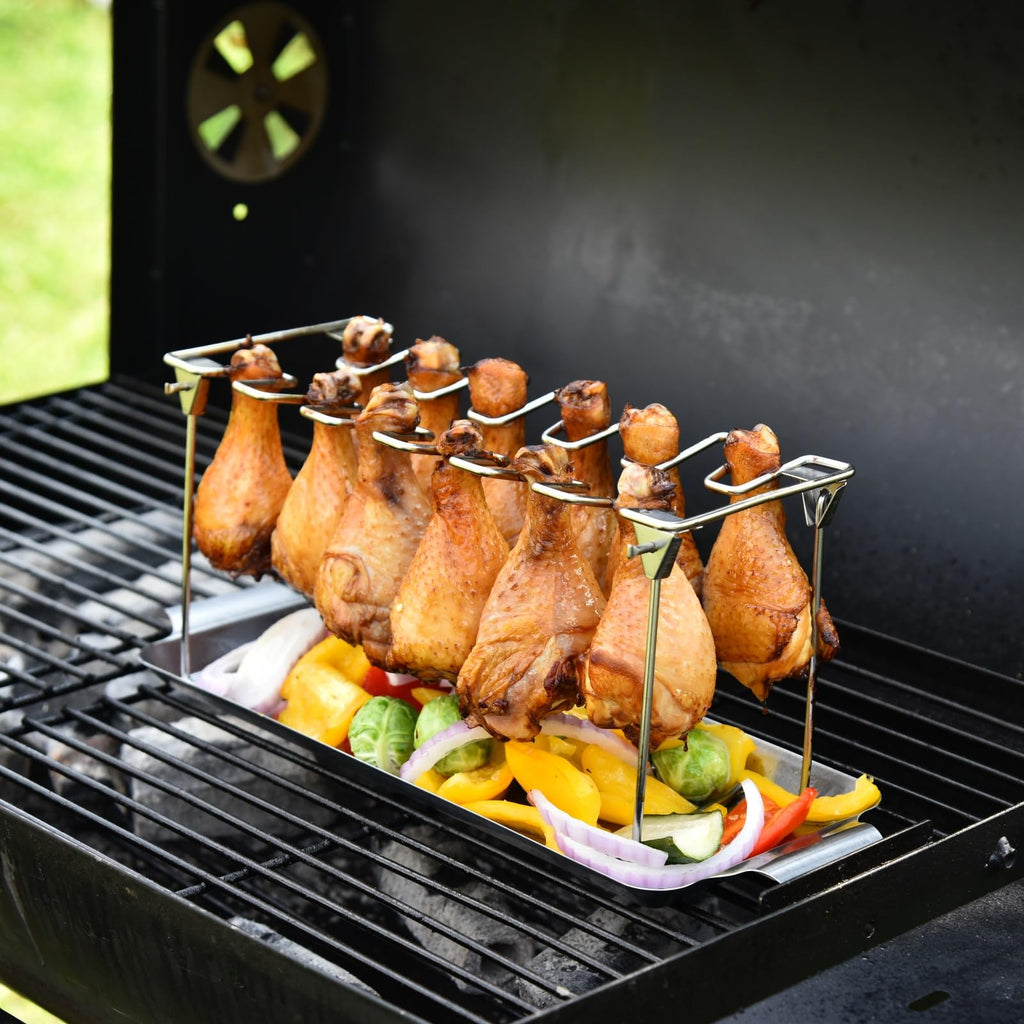 Chicken Leg and Wing Rack for Grill Smoker Oven - Easy to Use 12 Slots Chicken Leg Rack with Drip Tray - High Grade Stainless Steel Chicken Wing Rack Chicken Drumstick Holder for Perfect Cook
