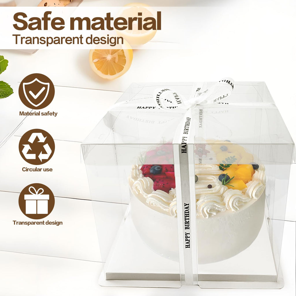 Seuqhck 6 Pack Clear Cake Box with Ribbon, 25.4 cm Tall PET Cake Carrier Boxes 2-Layer Transparent Gift Packaging Box with Lid for Wedding, Birthday, Festival Cakes Display and Transport