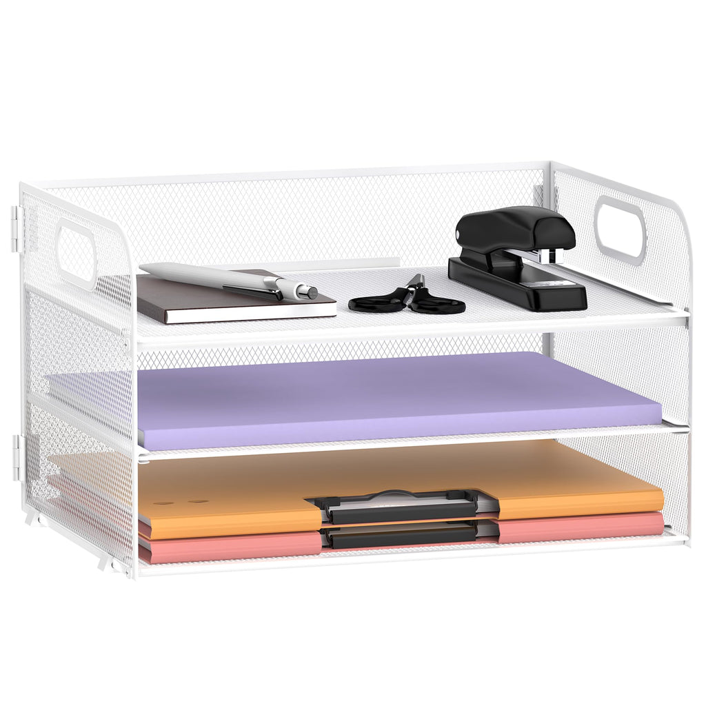 Supeasy 3 Tier Paper Organizer with Handle, Mesh Desk Organizer Letter Tray, Paper Tray File Organizer for A4 File Folder, White