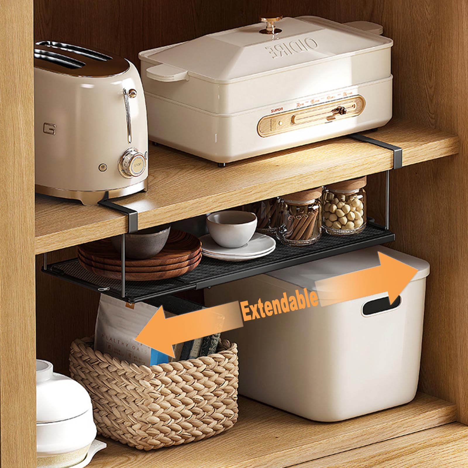Metal Under Shelf Basket White, Expandable Under Cabinet Organizer, Easy No-Drill Installation, Sturdy Hanging Storage for Kitchen, Cabinet, Desk, Pantry, Shoe Rack, Pack of 1, 4-Inch Height, White