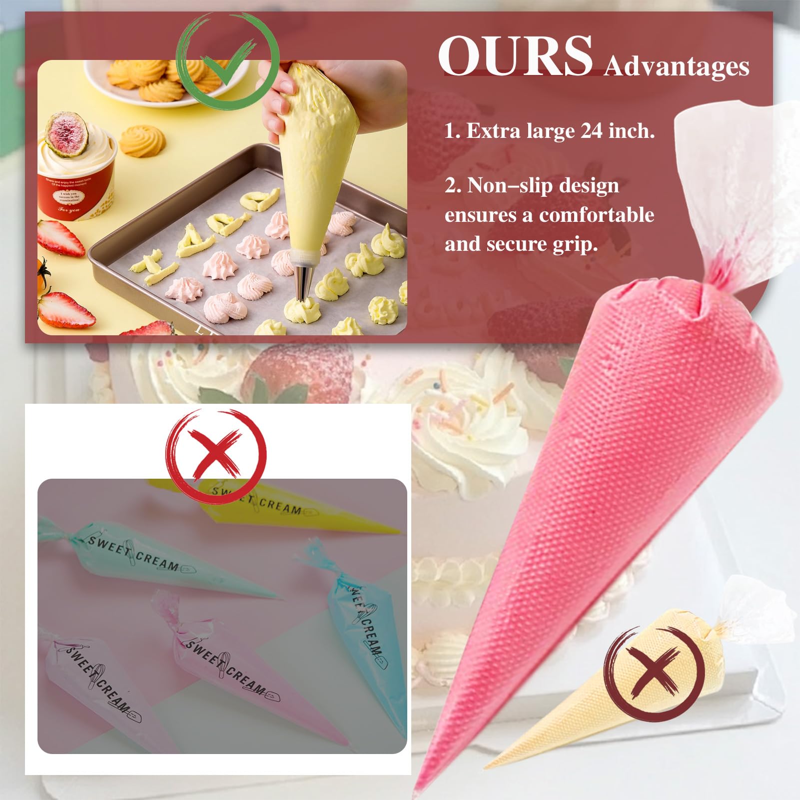 Piping Bags 24 Inch, Large Piping Bags Disposable 100PCS, Pastry Icing Bags Thickened Non-Slip and Anti-Burst, Tipless Piping Bags for Royal Icing