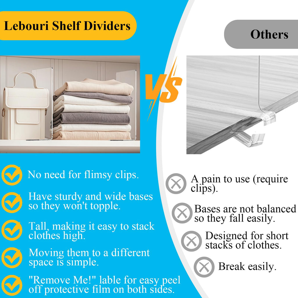 Shelf Dividers for Closet Organization: Acrylic Closet Shelf Dividers for Clothes Sweater Purse - Clear Closet Organizers and Storage Separators for Shelves, 6Pack