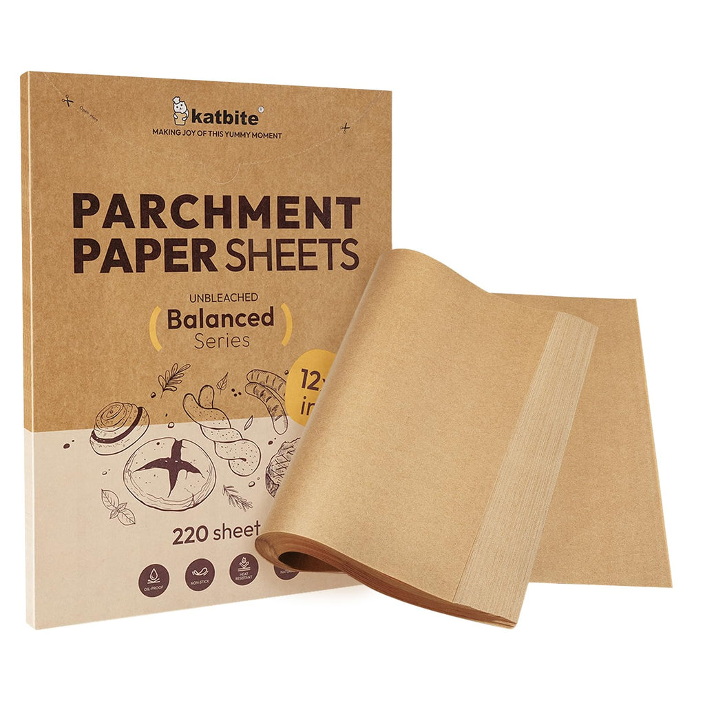 Katbite 220 Pcs Parchment Paper Sheets Balanced Series, 12x16 Inches Unbleached Baking Paper Non-Stick for Gently Baking, Pre-Cut Parchment Paper Suitable for Baking, Cooking,Air Fryer