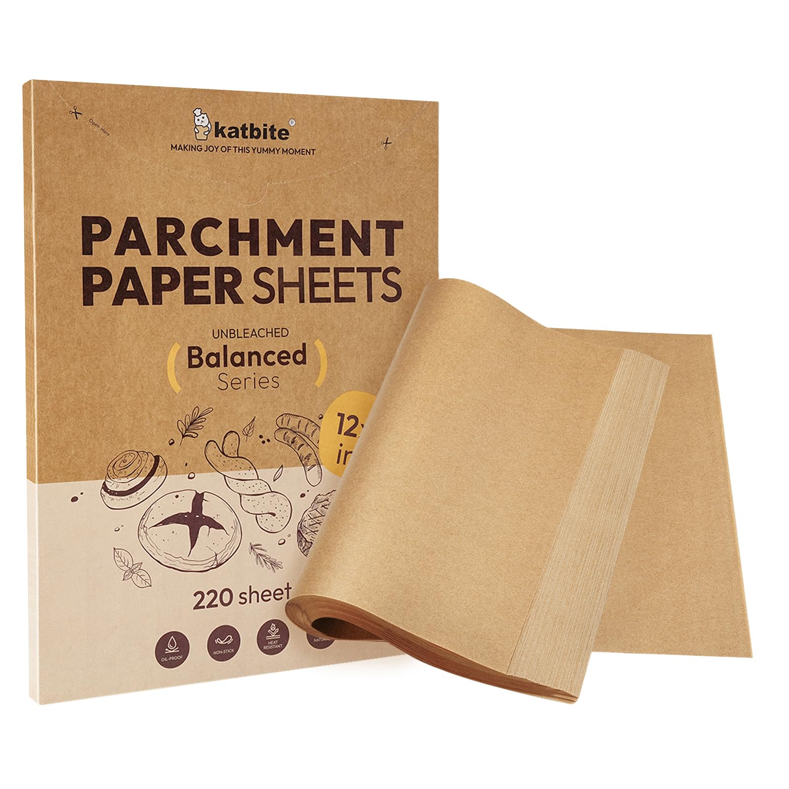 Katbite 220 Pcs Parchment Paper Sheets Balanced Series, 12x16 Inches Unbleached Baking Paper Non-Stick for Gently Baking, Pre-Cut Parchment Paper Suitable for Baking, Cooking,Air Fryer