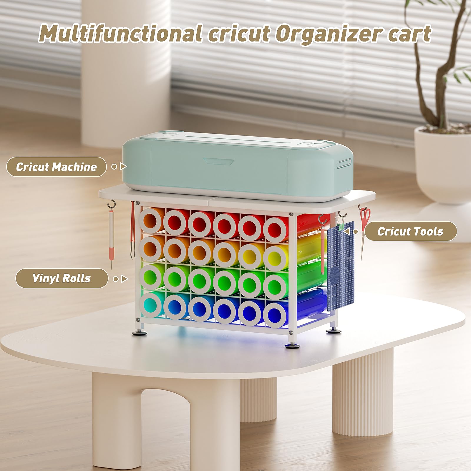 ZHOOGE Small Craft Organizers and Storage Compatible with Cricut Machines Craft Table Storage with 24 Vinyl Roll Holders, Crafting Cabinet Workstation Tool Holder for Craft Room Home Office