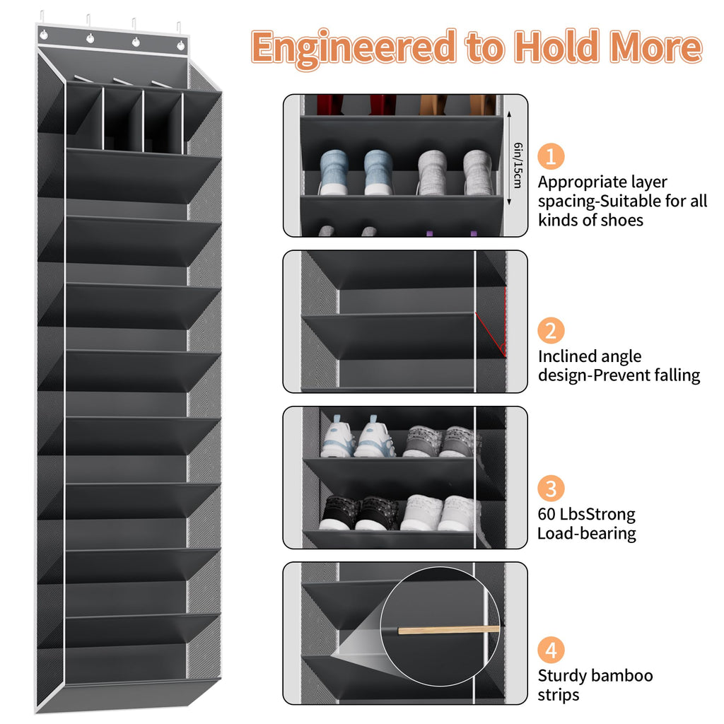 KYEVIS Over the Door Shoe Organizer, 10-Tier Hanging Shoe Rack for Closet with Deep Pockets, Space-Saving Storage Holds 20 Pairs for Sneakers, Boots (Grey)