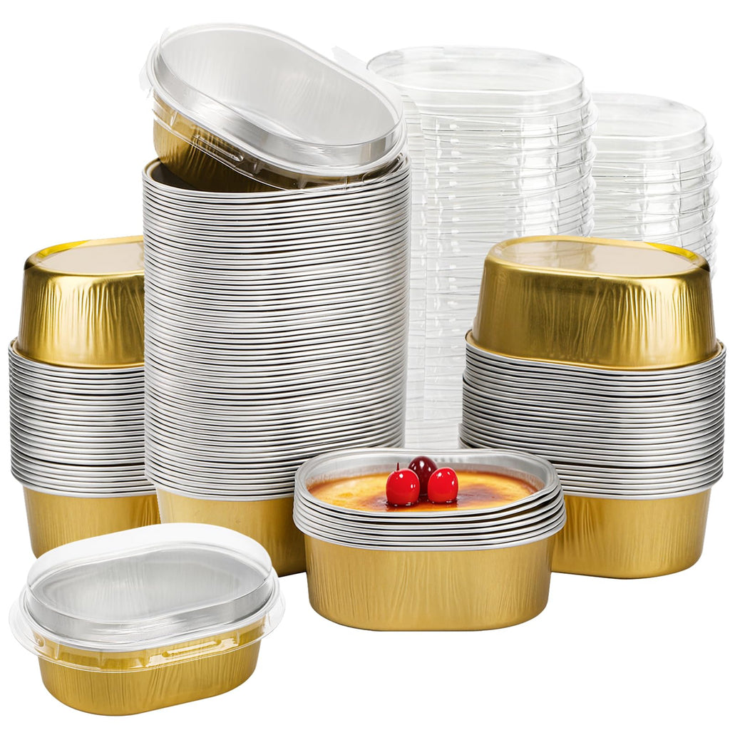 Dicunoy 100 Pack Mini Aluminum Baking Cups with Lids, 2 FL OZ Disposable Ramekins Muffin Liners Containers, Individual Pie Tin Cup for Dessert, Creme Brulee, Pudding, Cupcake
