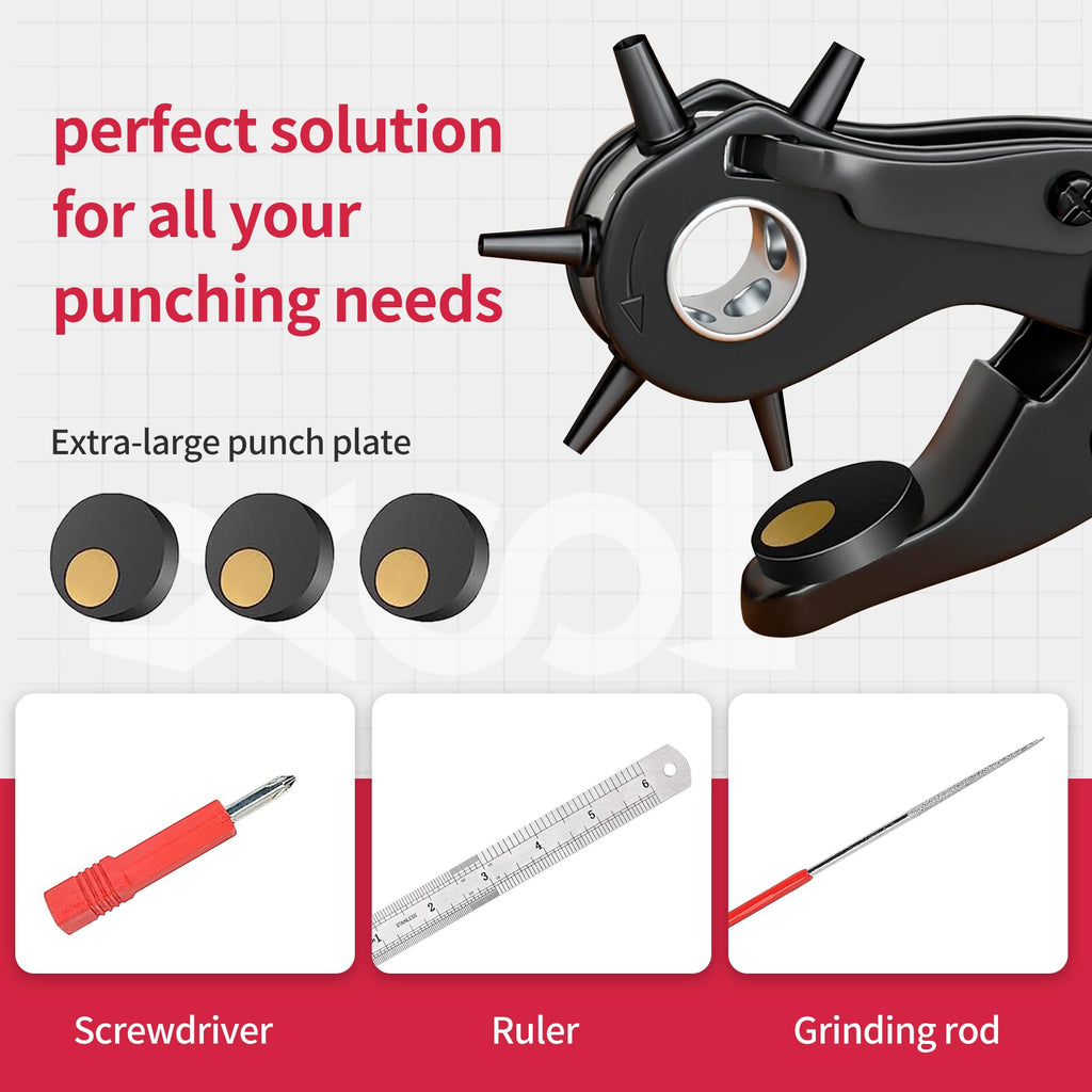 XOOL Revolving Punch Plier Kit, Leather Hole Punch Set for Belts, Watch Bands, Straps, Dog Collars, Saddles, Shoes, Fabric, DIY Home or Craft Projects, Heavy Duty Rotary Puncher, Multi Hole Sizes Make