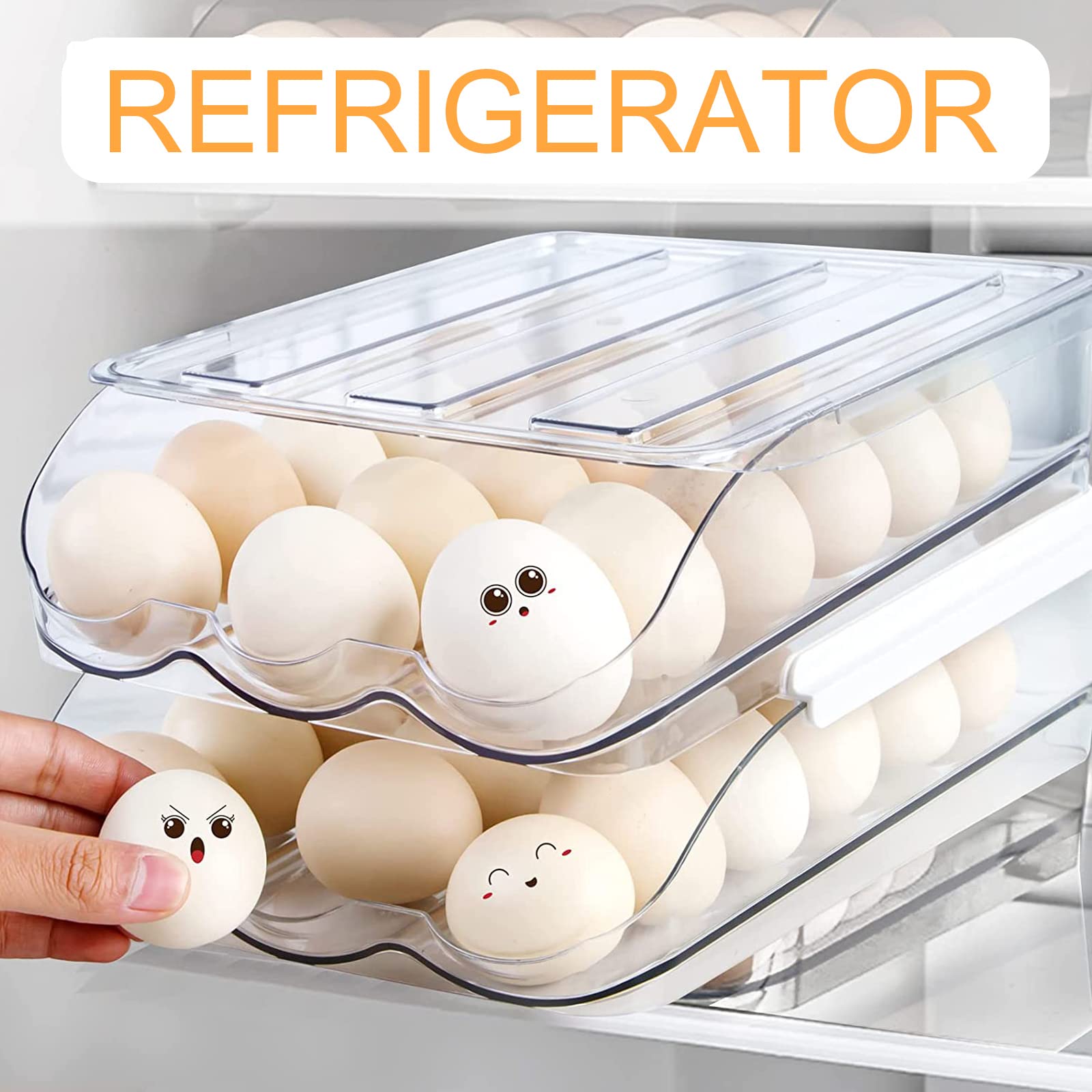 lazywoodpecker Egg Storage for Fridge, Auto Rolling Eggs Fridge Organizers with Lids, Fridge Storage Organizer for Kitchen (2 Layer)