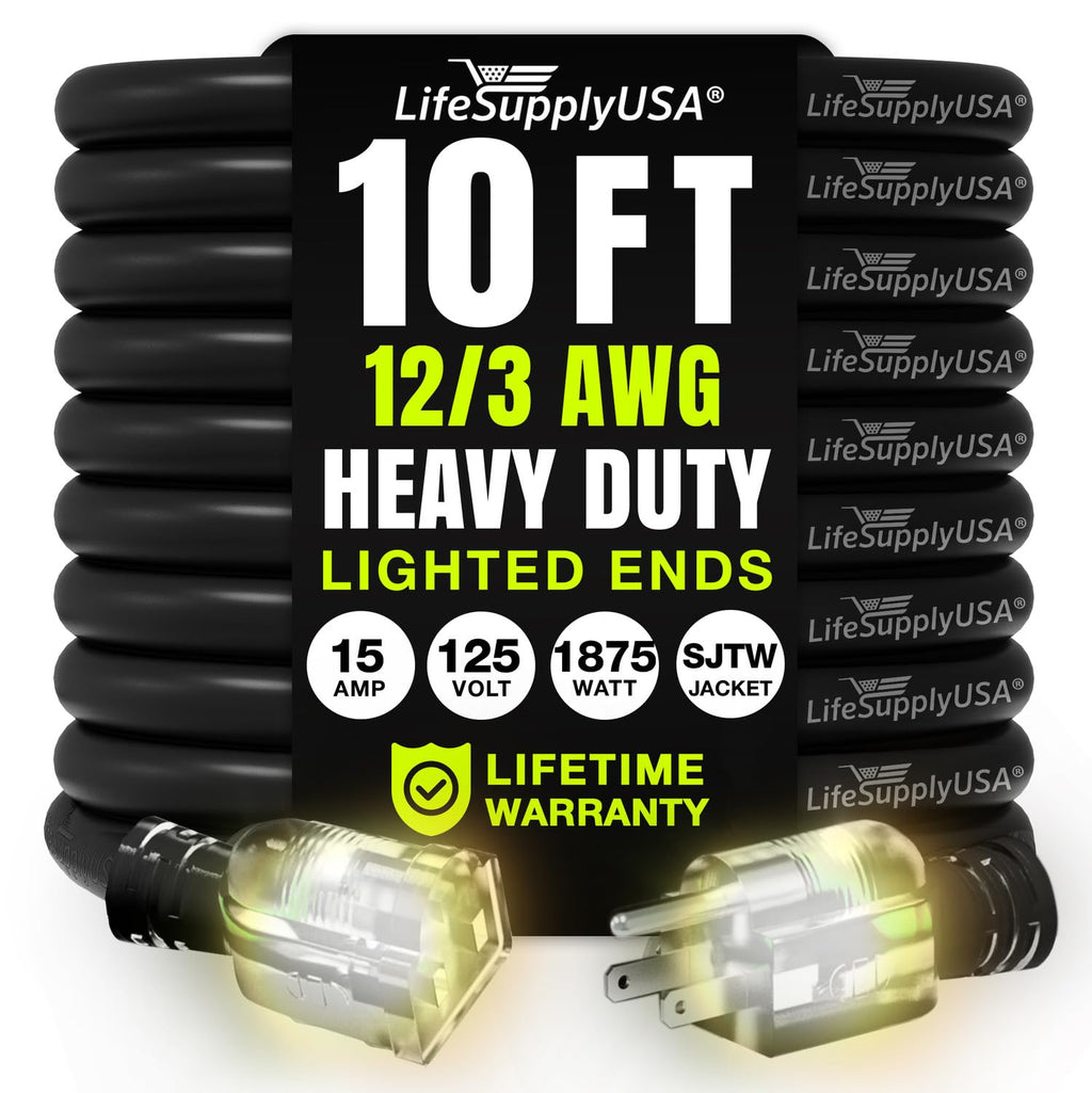 10ft Outdoor/Indoor Extension Cord 12/3 Gauge Extra Heavy Duty 3 Prong SJTW, Waterproof, Flexible Cold-Resistant Long Power Cord,15A 125V 1875W, Black by LifeSupplyUSA