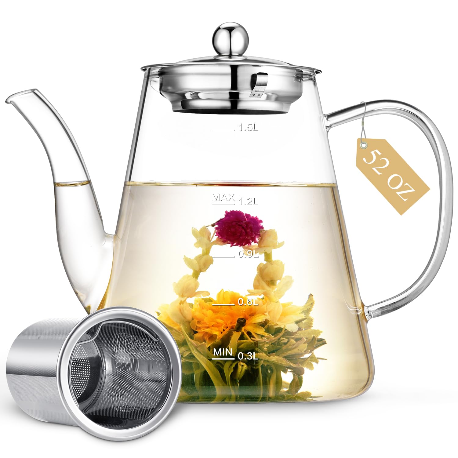 Zpose 1500ml Glass Teapot, Large Capacity Tea Pot with Removable Infuser, Borosilicate Glass, Transparent, Ideal for Loose Leaf Tea and Blooming Tea, Gift Box for Tea Lovers